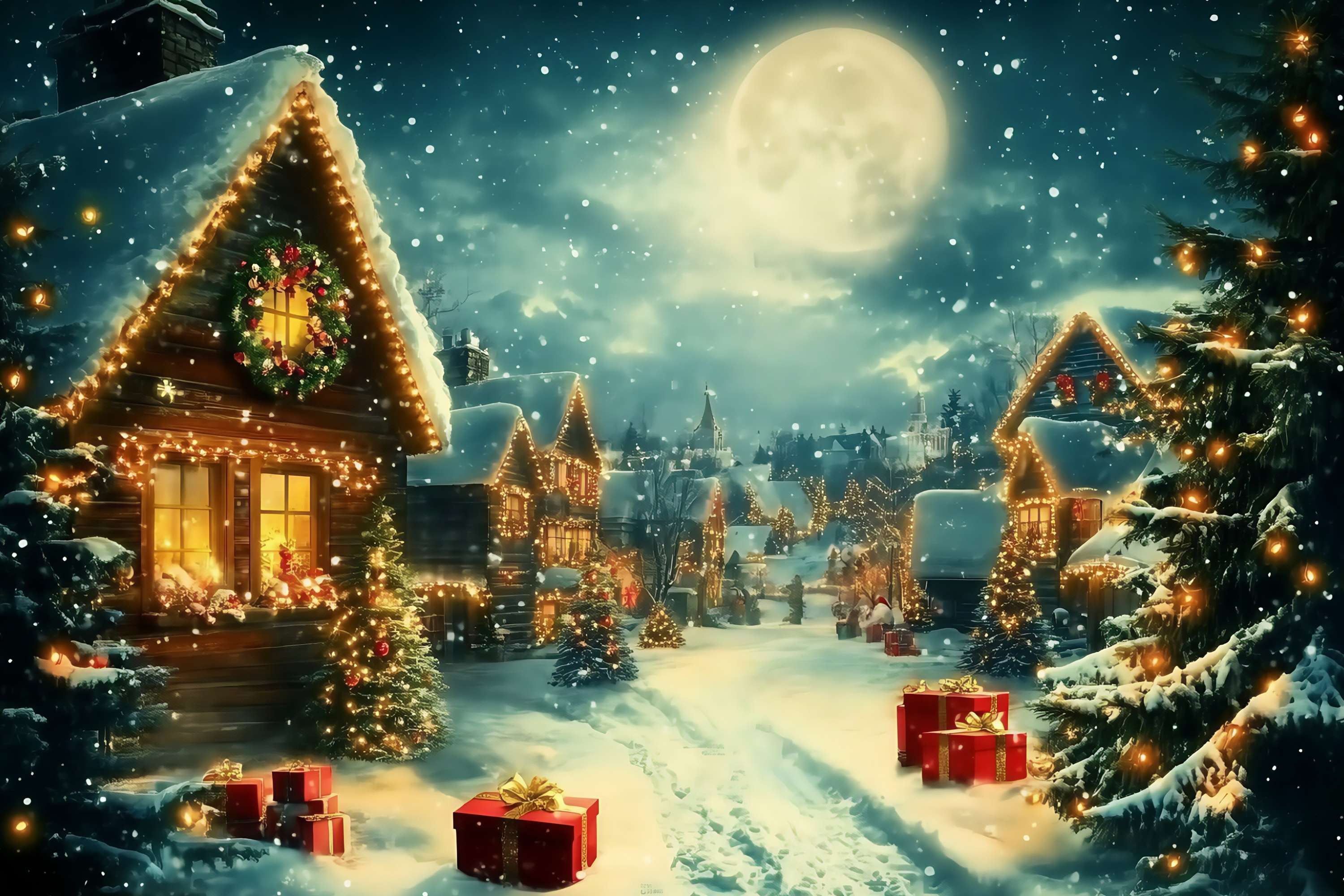 Christmas Village Backdrop Moonlit Village Snow Lights Gifts Christmas Backdrops UK TWW58-68