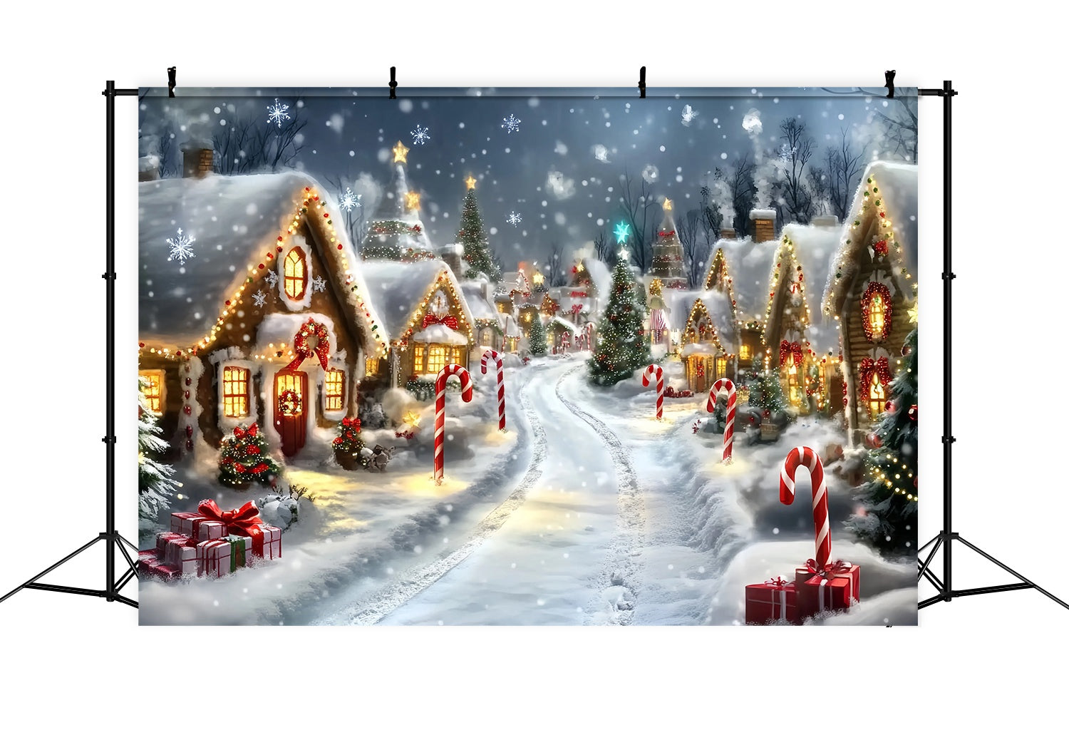 Candyland Christmas Backdrop Gingerbread Cottage Snowy Candy Cane Lane Christmas Backdrops Sale UK TWW58-69