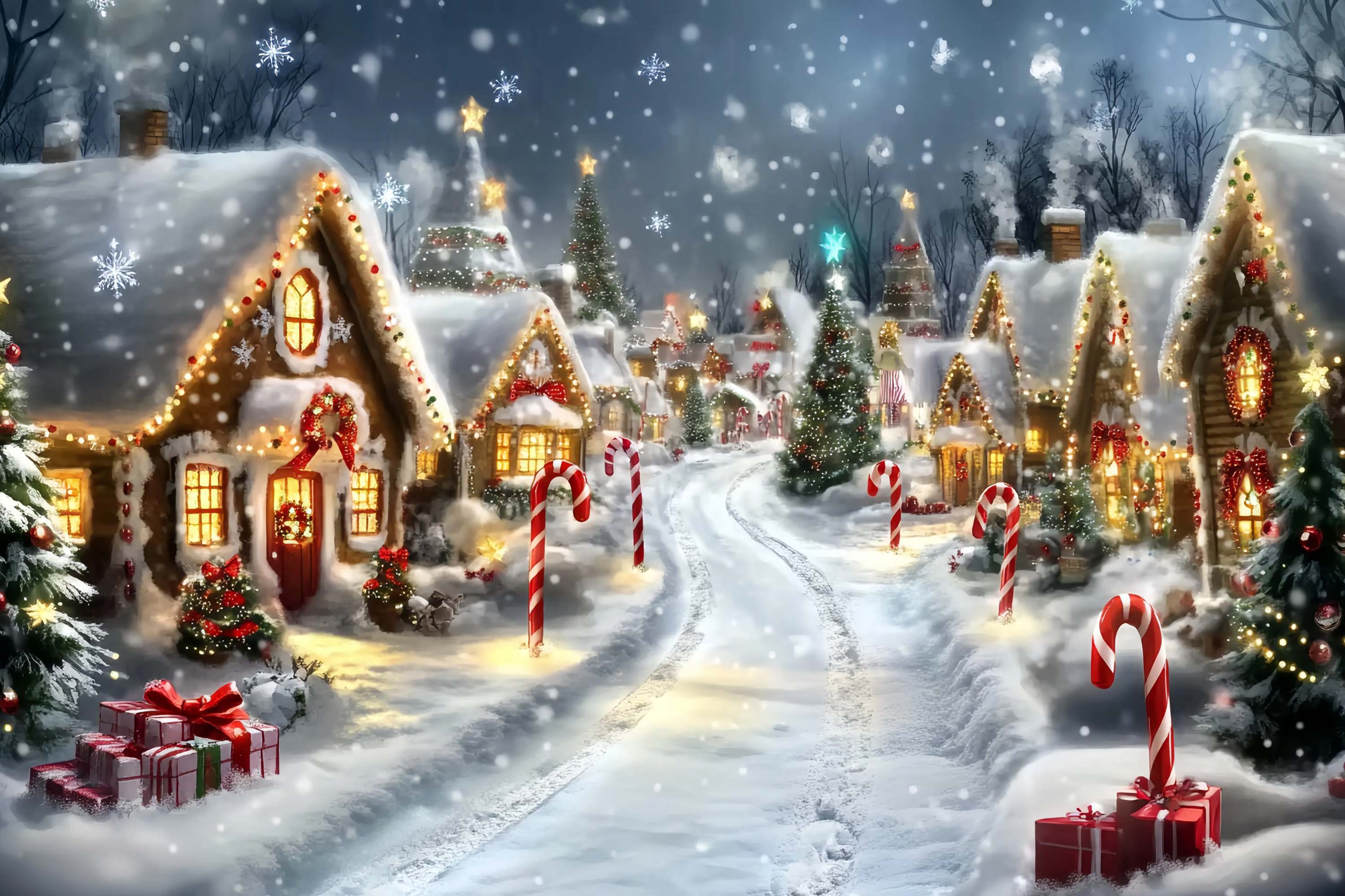 Candyland Christmas Backdrop Gingerbread Cottage Snowy Candy Cane Lane Christmas Backdrops Sale UK TWW58-69