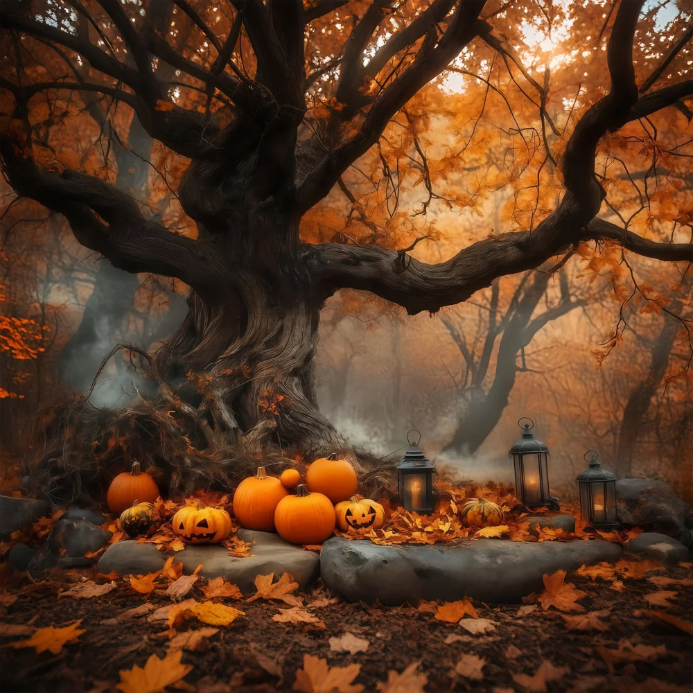 Halloween Pumpkin Patch Under Ancient Autumn Tree Halloween Backdrops UK TWW58-7