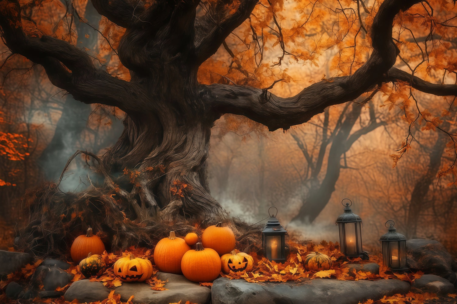 Halloween Pumpkin Patch Under Ancient Autumn Tree Halloween Backdrops UK TWW58-7