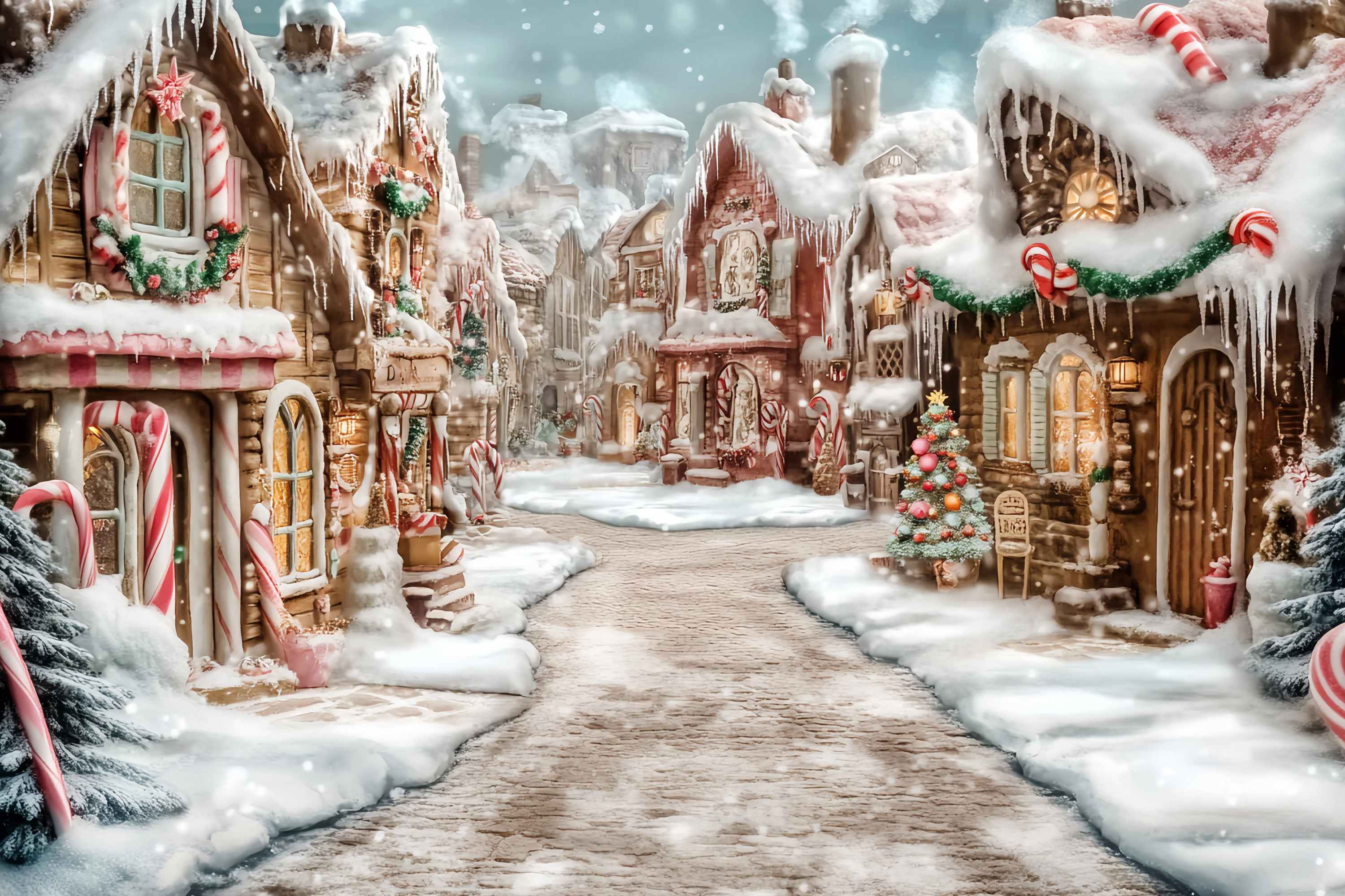 Candyland Christmas Backdrop Frosted Gingerbread Village Candy Cane Path Christmas Photo Backdrop UK TWW58-70