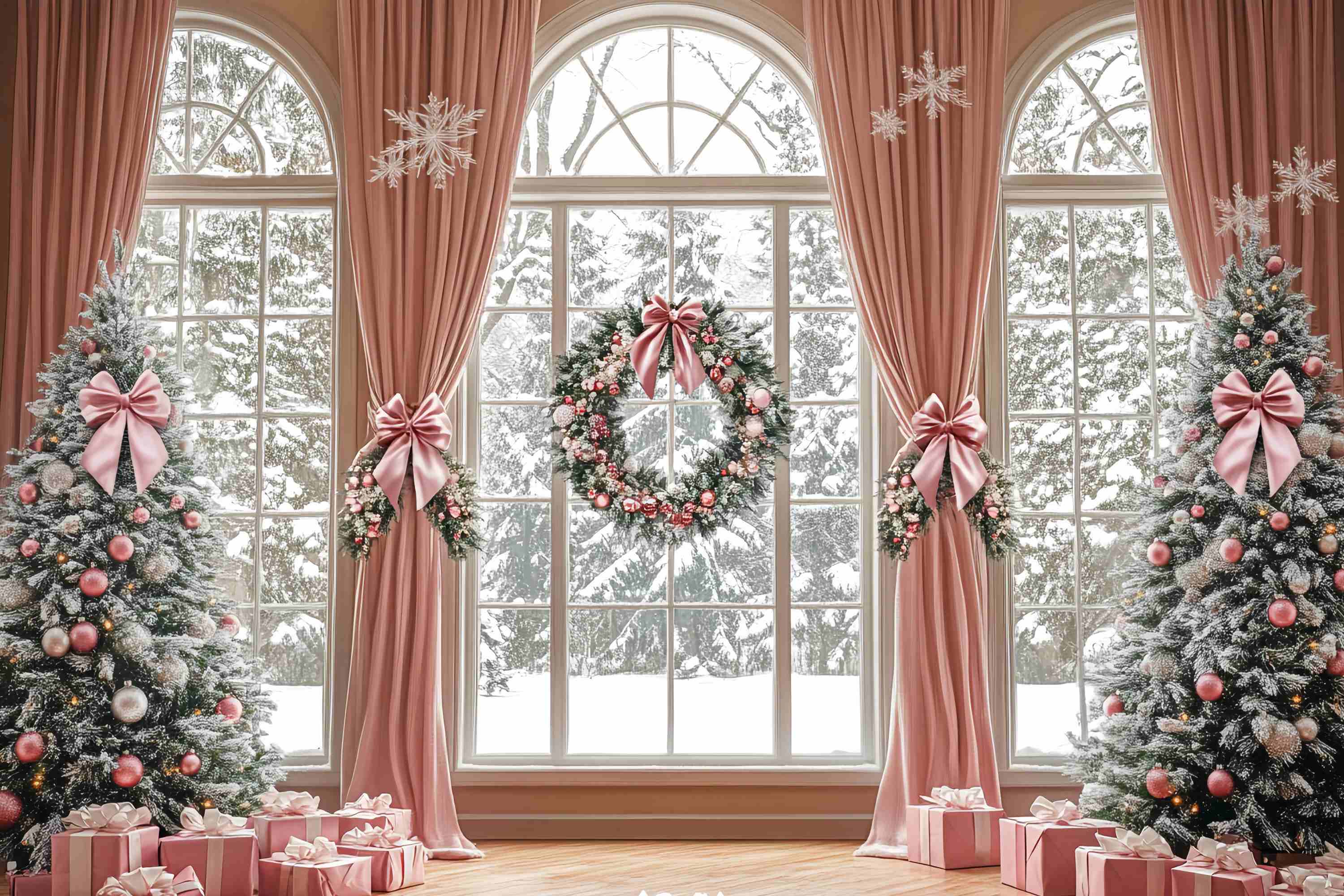 Pink Christmas Backdrop Elegant Pink Curtain Winter Wonderland Christmas Backdrop for Photos UK TWW58-73