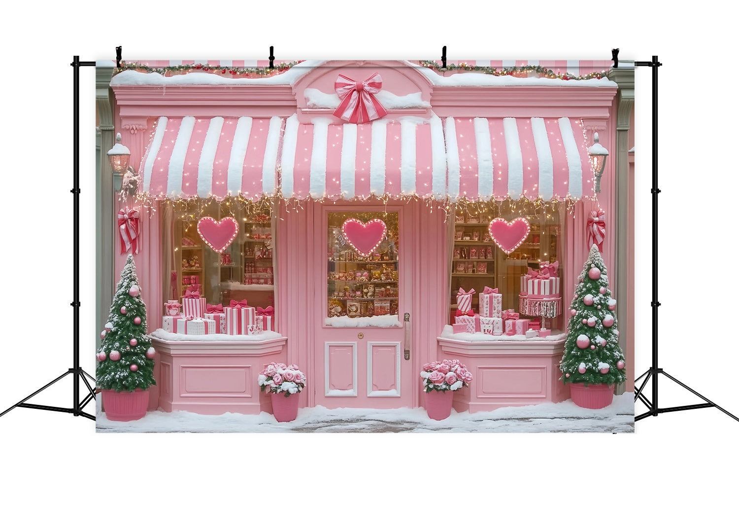 Pink Christmas Backdrop Pink Heart Candy Shop Holiday Charm Christmas Backdrops Sale UK TWW58-76