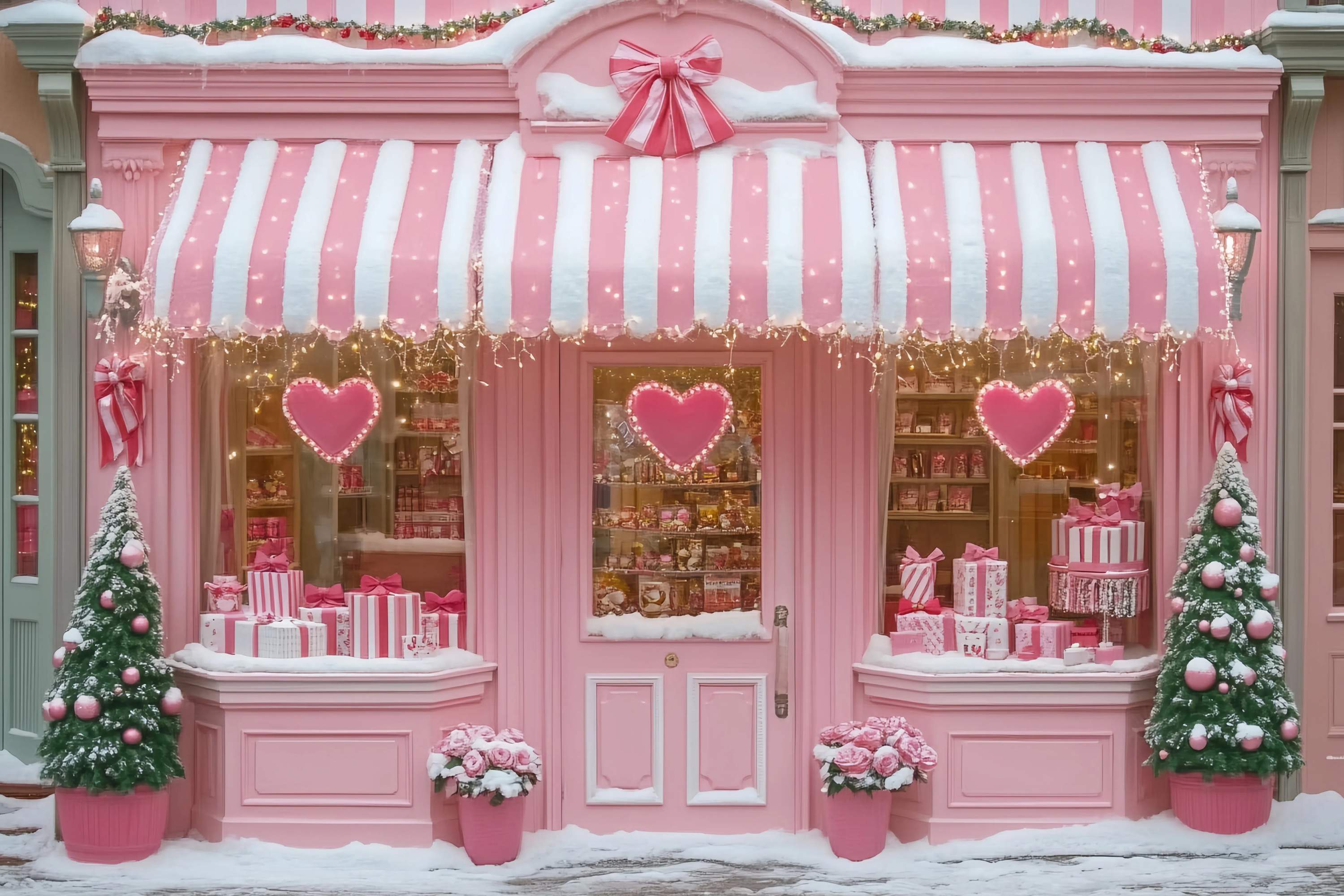 Pink Christmas Backdrop Pink Heart Candy Shop Holiday Charm Christmas Backdrops Sale UK TWW58-76