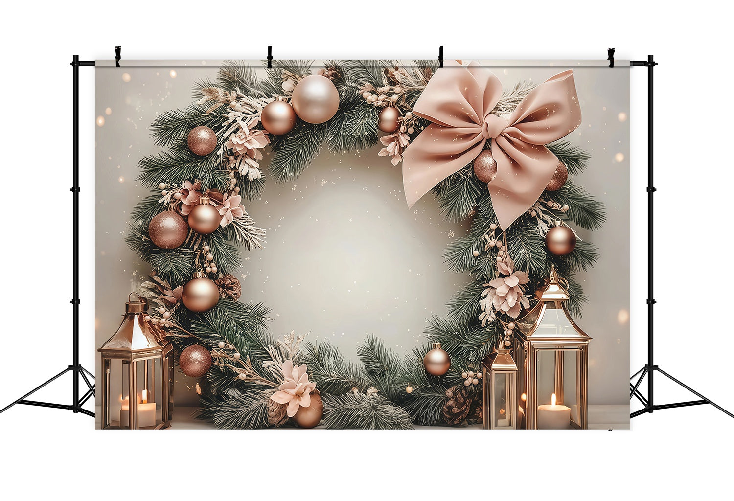 Pink Christmas Backdrop Blush Bauble Pine Wreath Lantern Glow Christmas Photography Backdrops UK TWW58-78