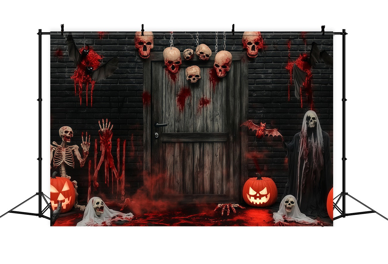 Garage Door Halloween Backdrop Bloody Skulls and Skeletons at Haunted Door Scary Halloween Backdrops UK TWW58-8