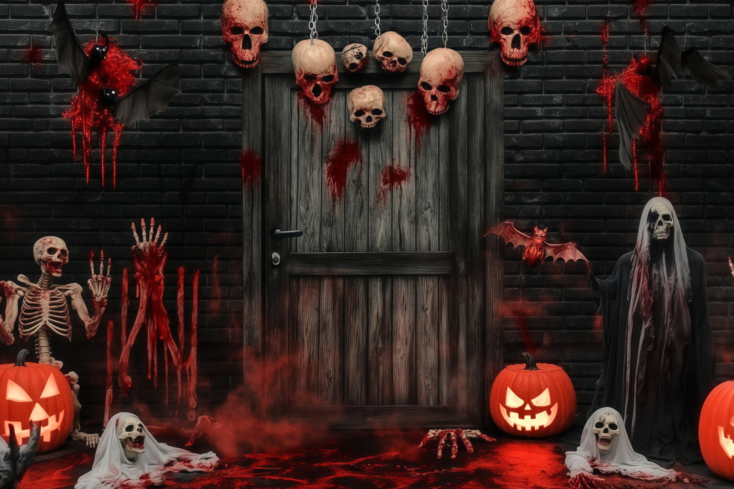 Garage Door Halloween Backdrop Bloody Skulls and Skeletons at Haunted Door Scary Halloween Backdrops UK TWW58-8