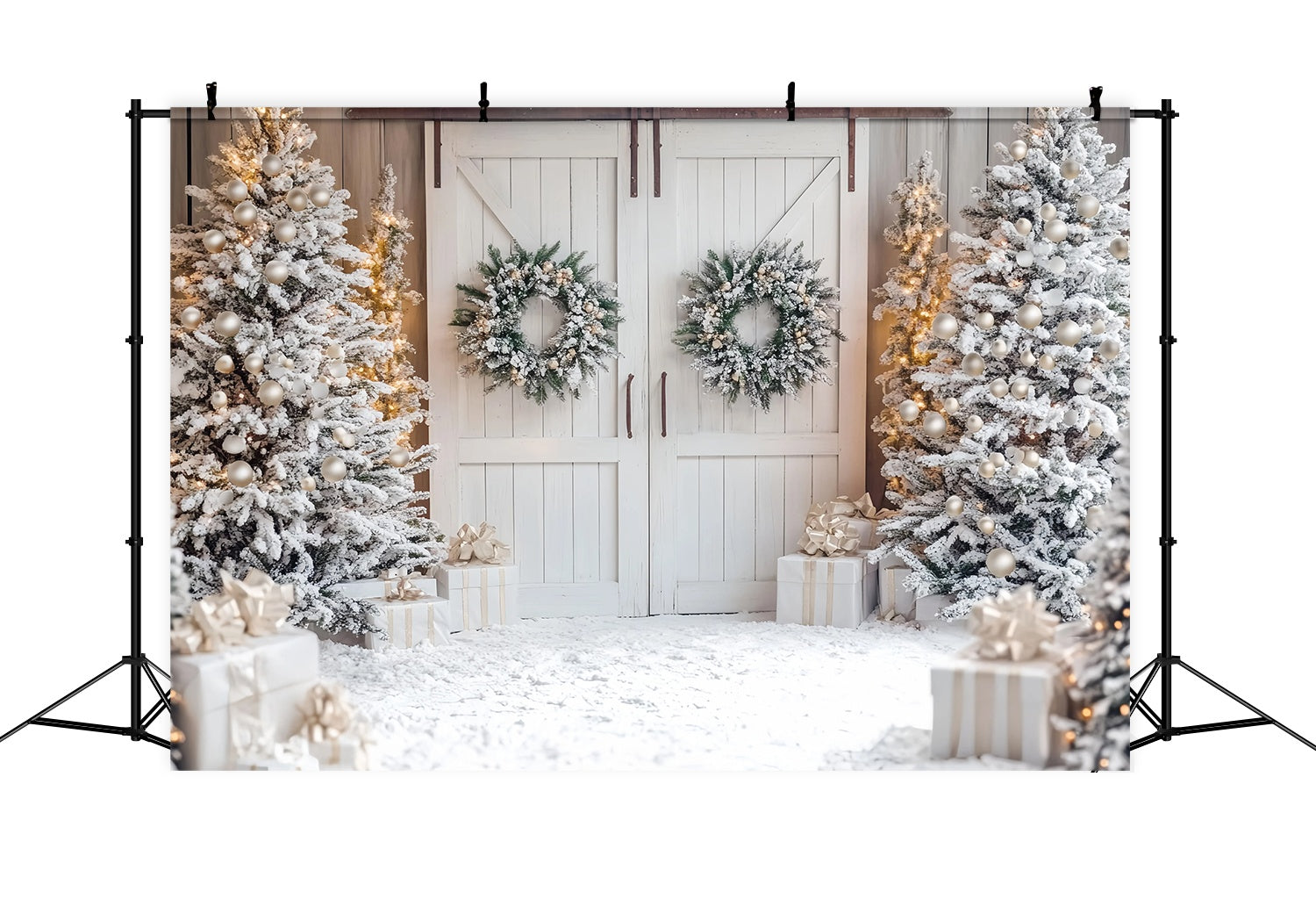 White Christmas Backdrop Snowy Trees White Barn Door Wreaths Christmas Backdrop for Photos UK TWW58-81
