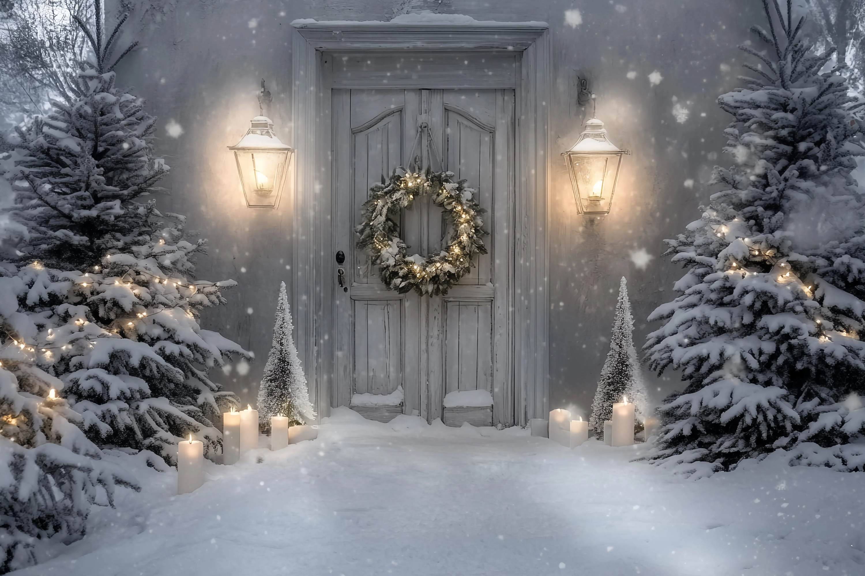 White Christmas Backdrop Snowy Porch Lantern Candle Glow Christmas Photo Backdrop UK TWW58-82