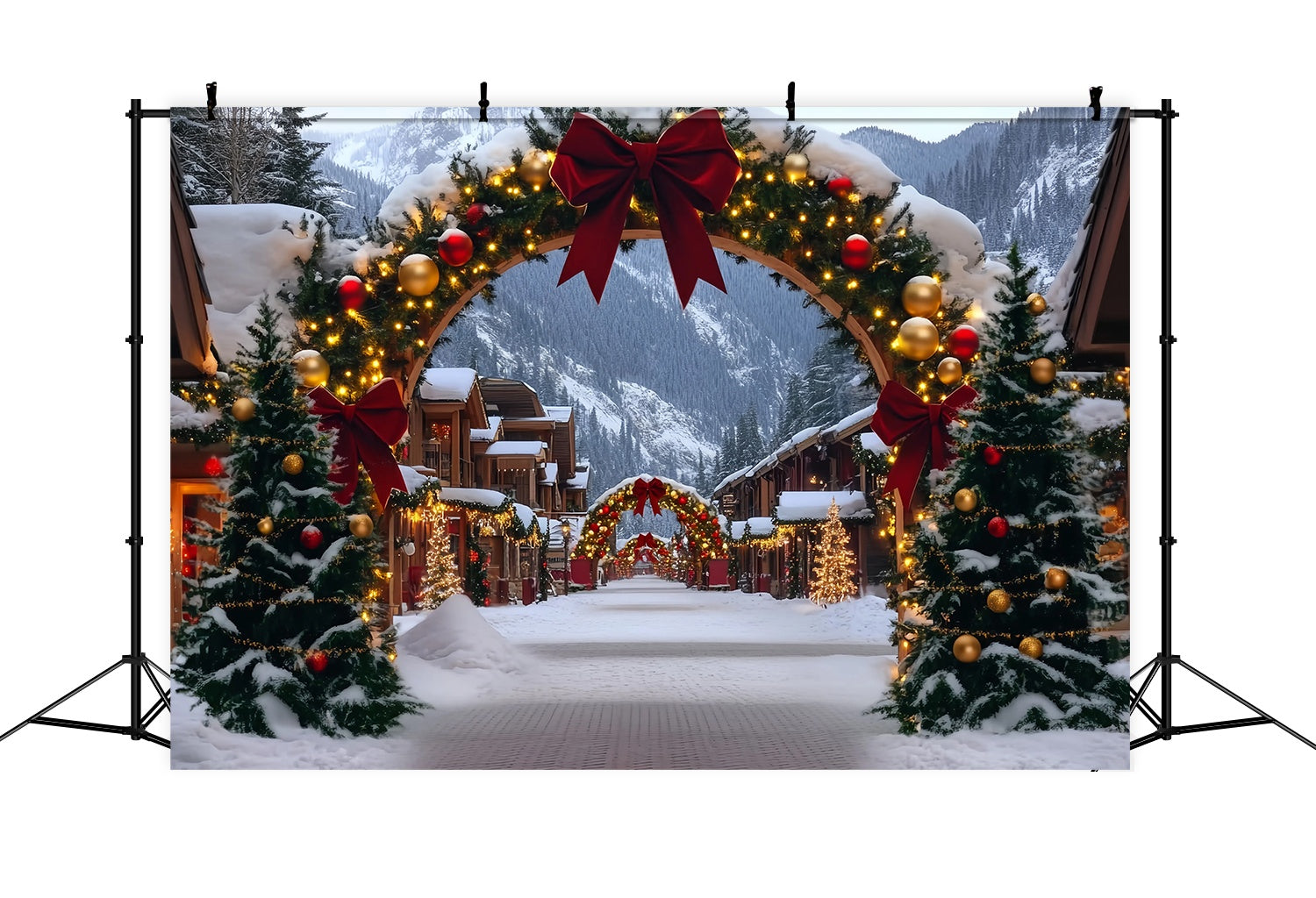 Christmas Village Backdrop Alpine Village Red Gold Archway Christmas Photo Backdrops UK TWW58-84