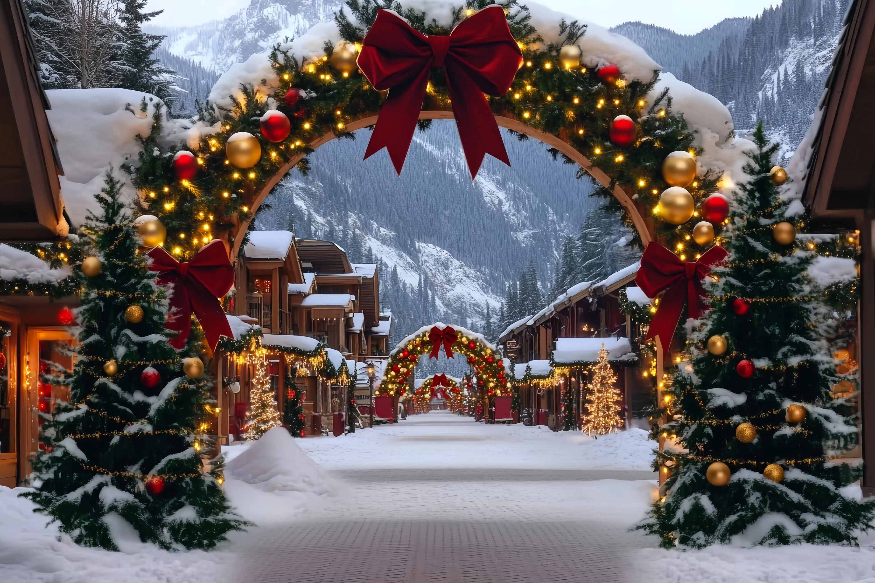 Christmas Village Backdrop Alpine Village Red Gold Archway Christmas Photo Backdrops UK TWW58-84
