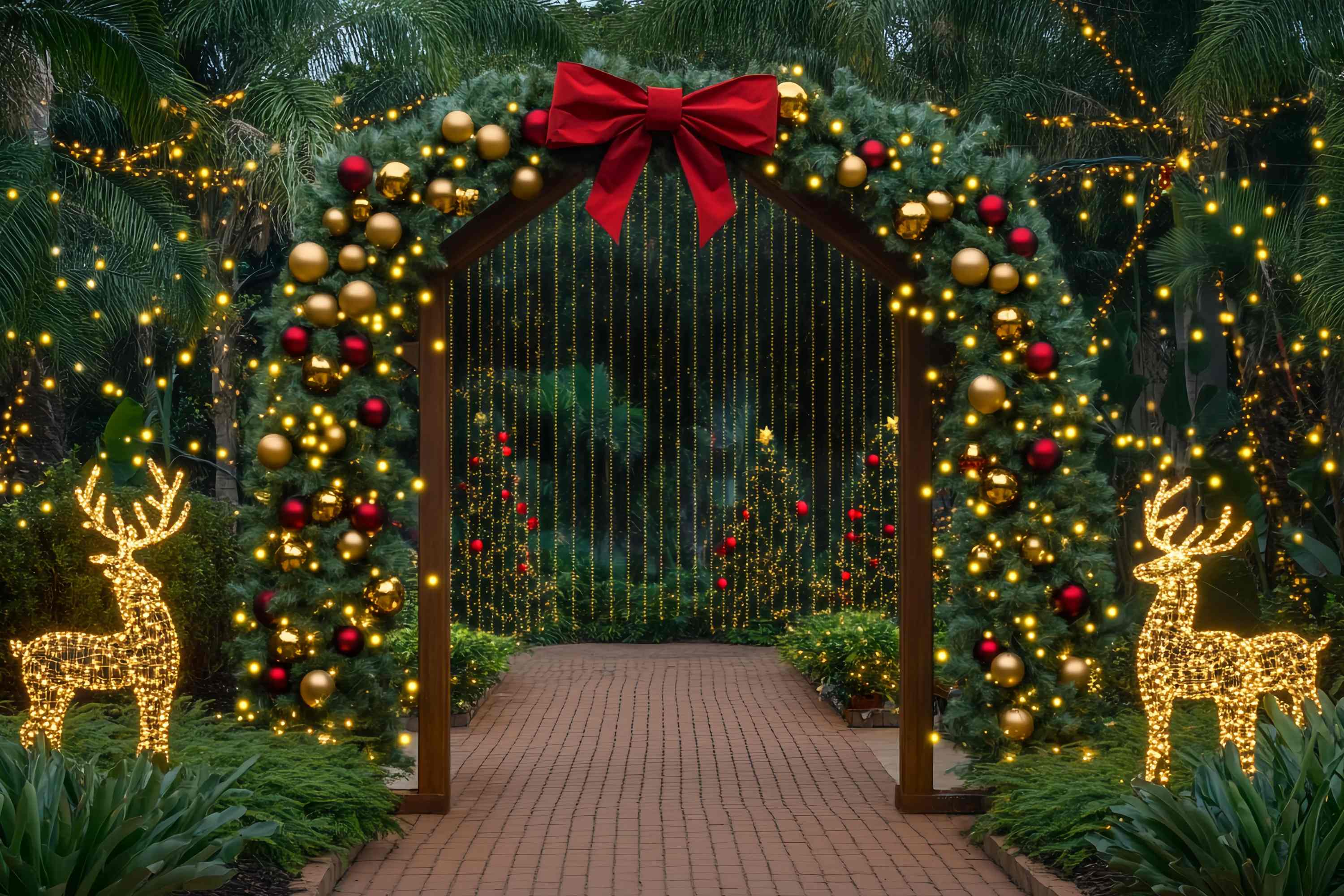 Christmas Tree Farm Backdrop Golden Archway Reindeer Light Display Christmas Backdrop for Photos UK TWW58-85