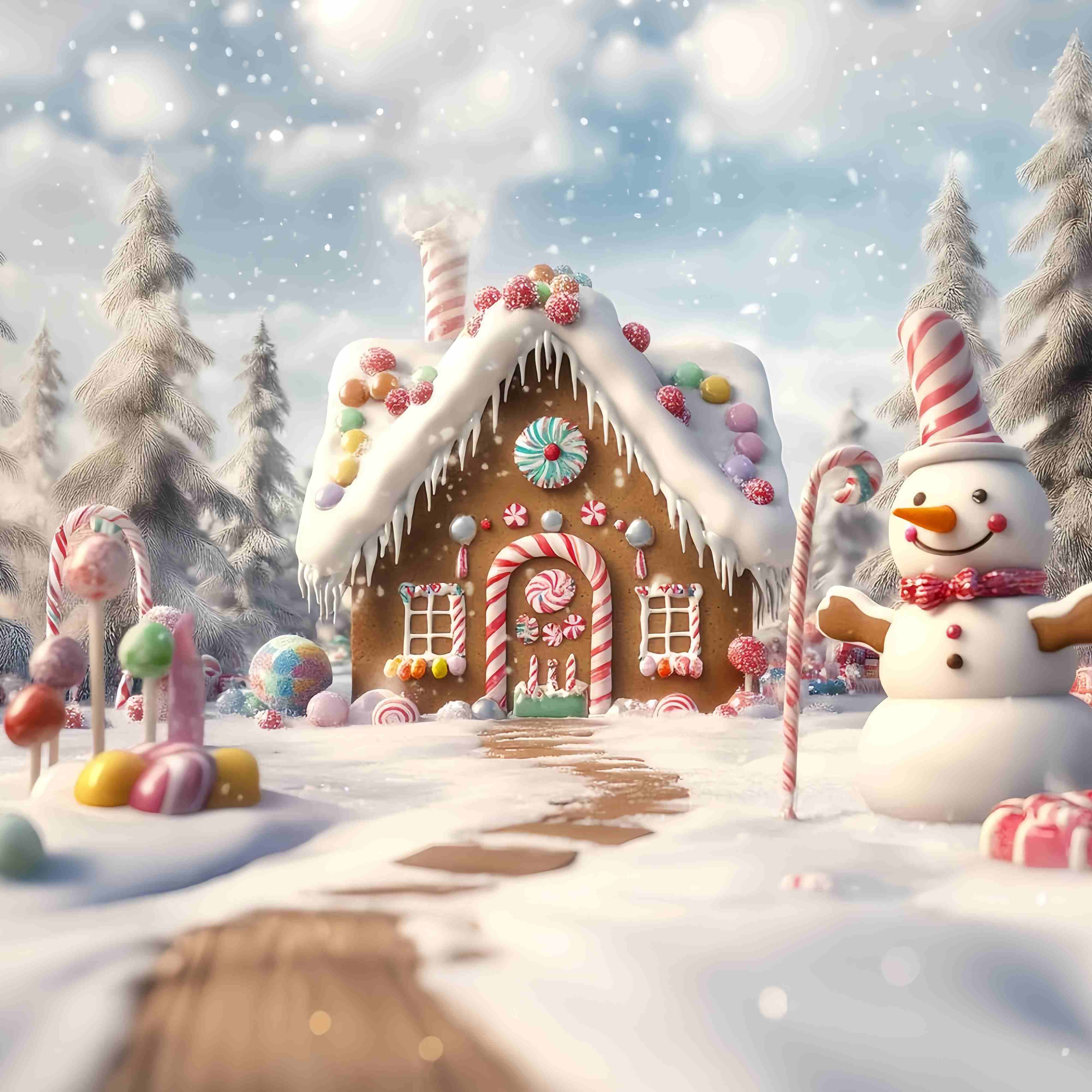 Candyland Christmas Backdrop Gingerbread House Snowman Candy Garden Christmas Backdrops 10x10 UK TWW58-88