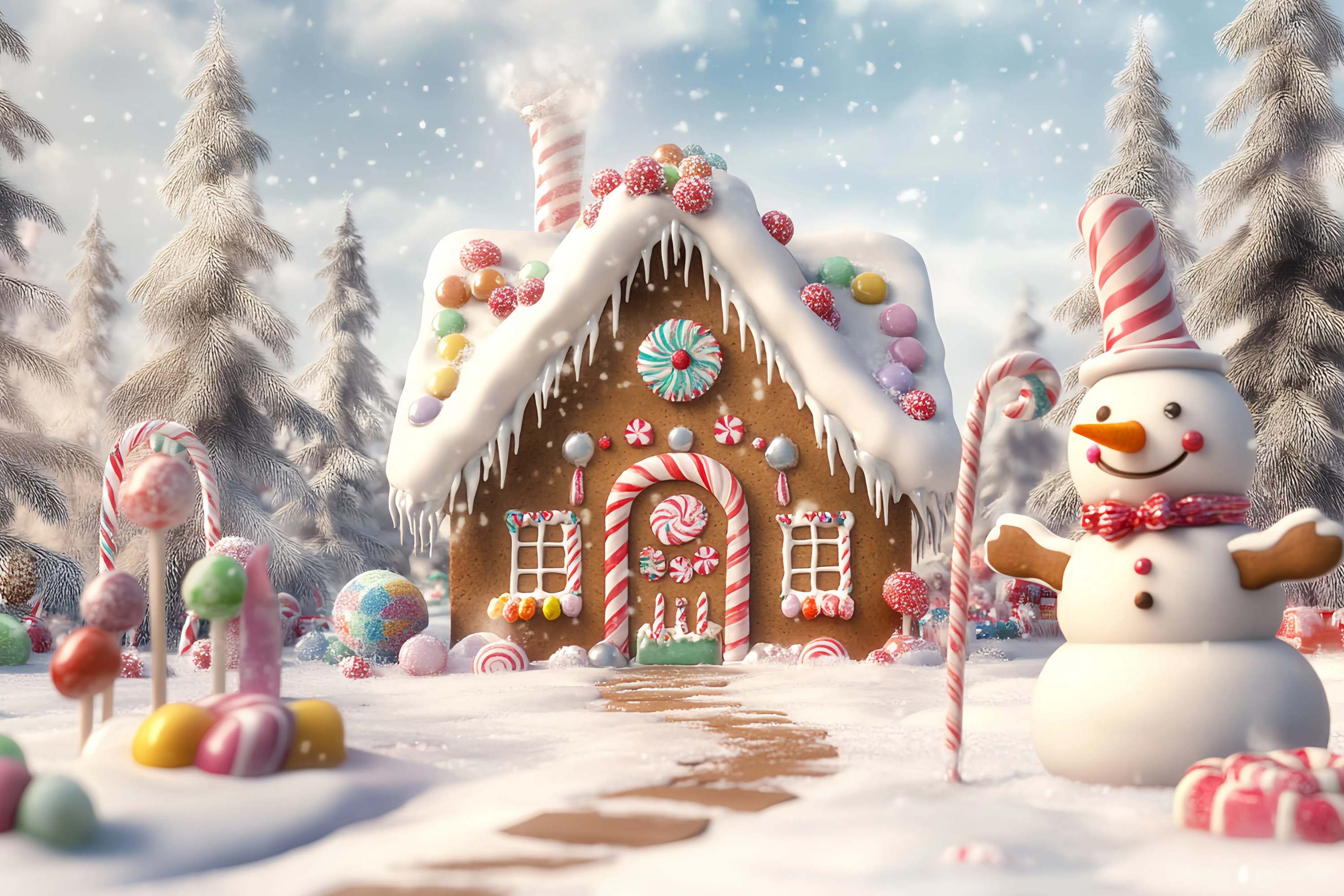 Candyland Christmas Backdrop Gingerbread House Snowman Candy Garden Christmas Backdrops 10x10 UK TWW58-88