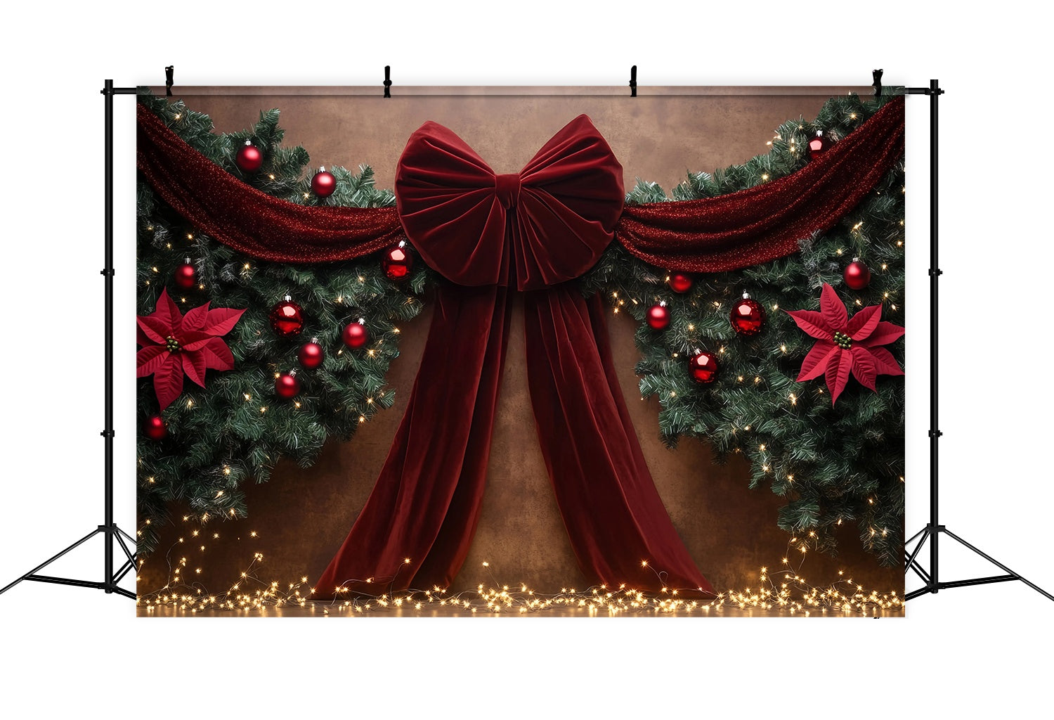 Red Christmas Backdrop Velvet Bow Garland Poinsettia Decor Christmas Backdrops for Photos UK TWW58-90