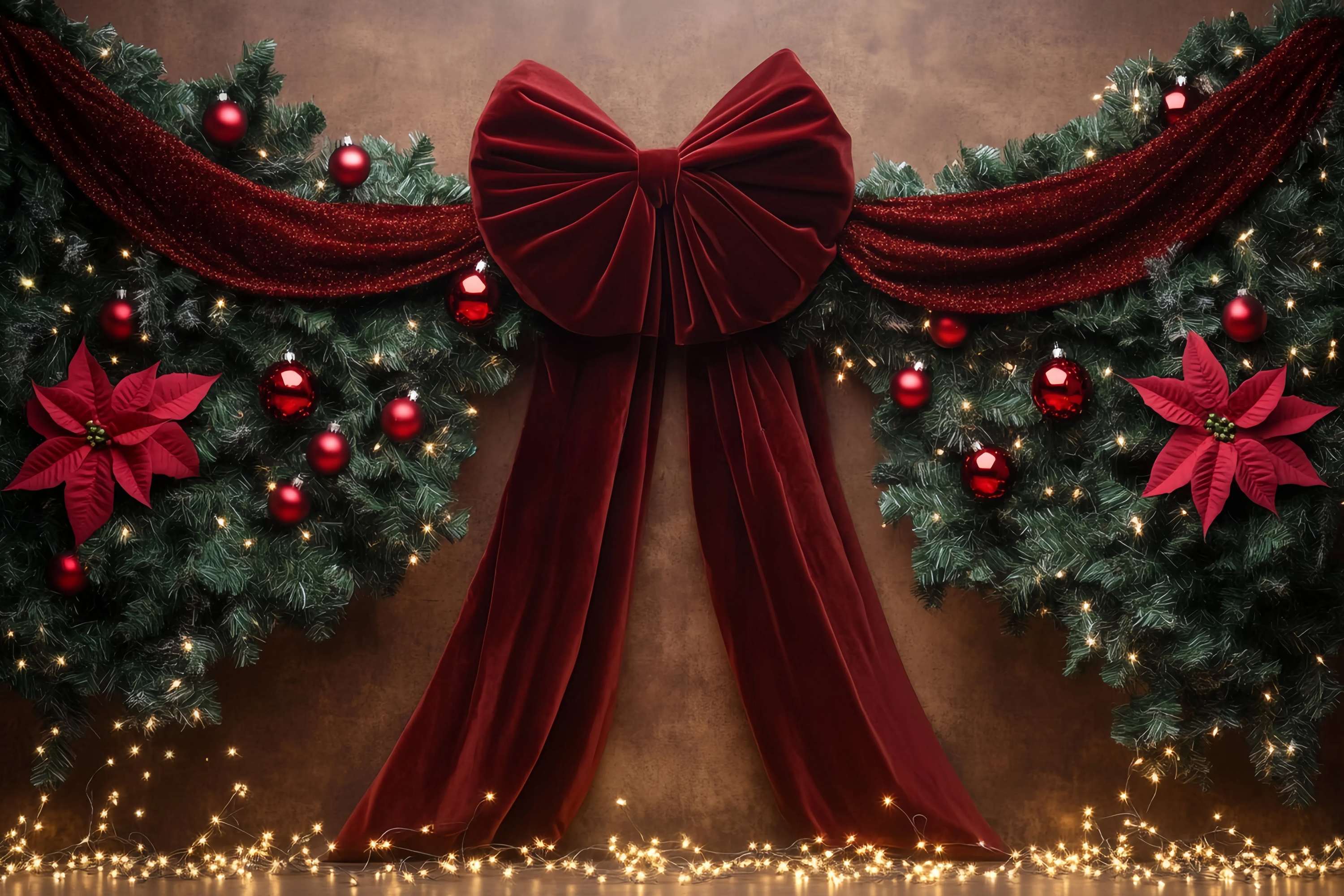 Red Christmas Backdrop Velvet Bow Garland Poinsettia Decor Christmas Backdrops for Photos UK TWW58-90