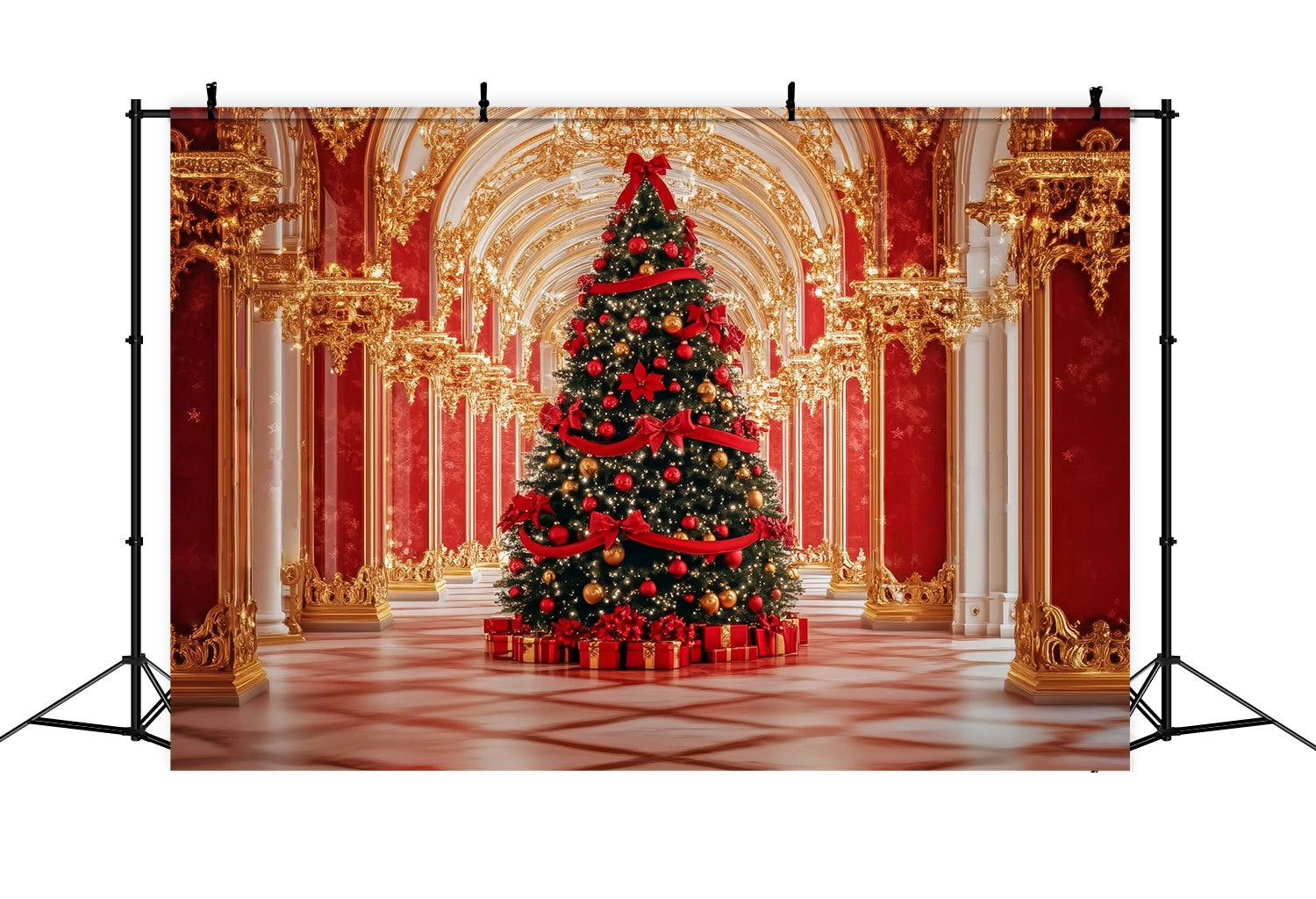 Red Christmas Backdrop Opulent Palace Christmas Tree Display Christmas Backdrops 10x10 UK TWW58-91