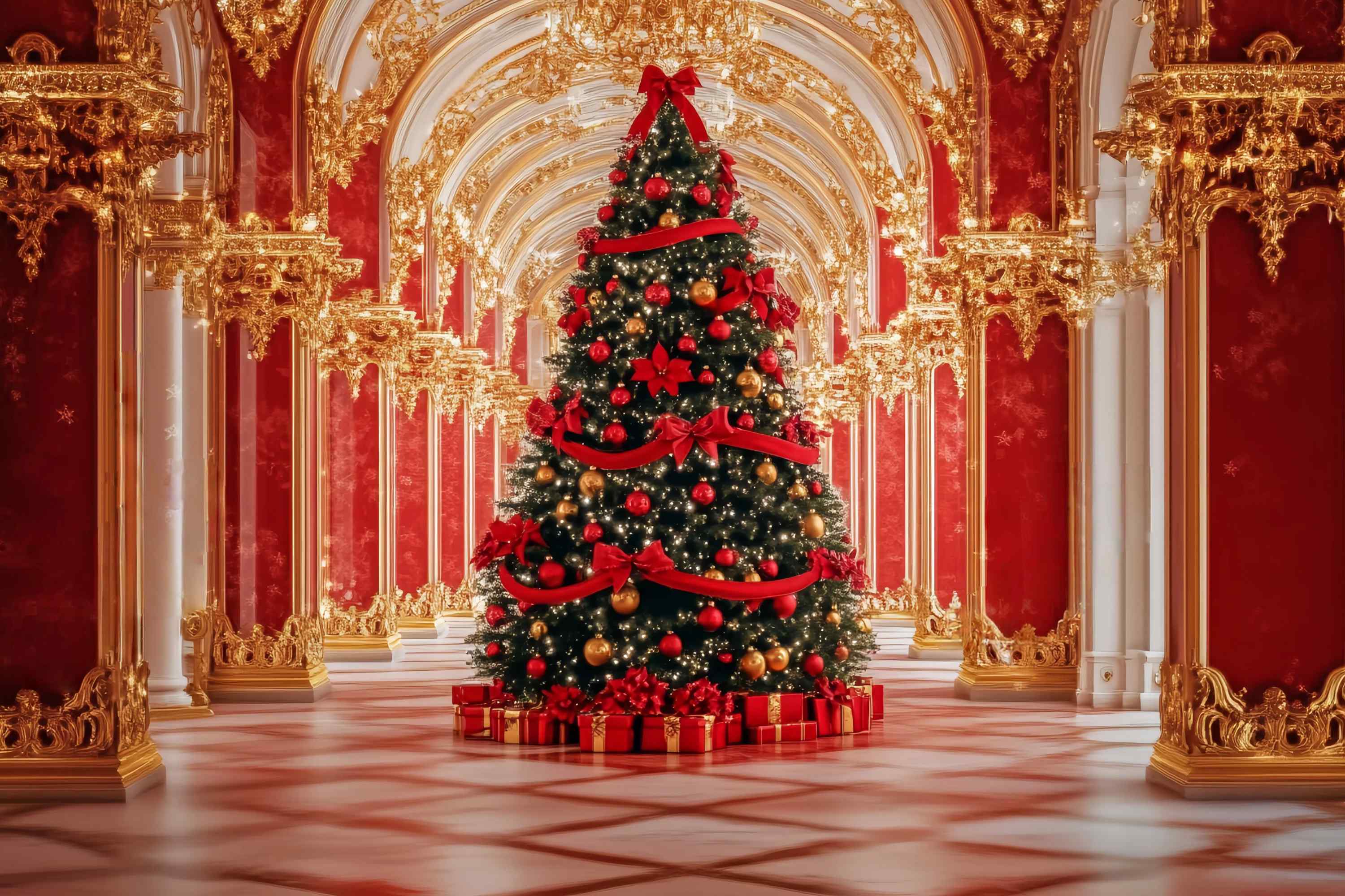Red Christmas Backdrop Opulent Palace Christmas Tree Display Christmas Backdrops 10x10 UK TWW58-91