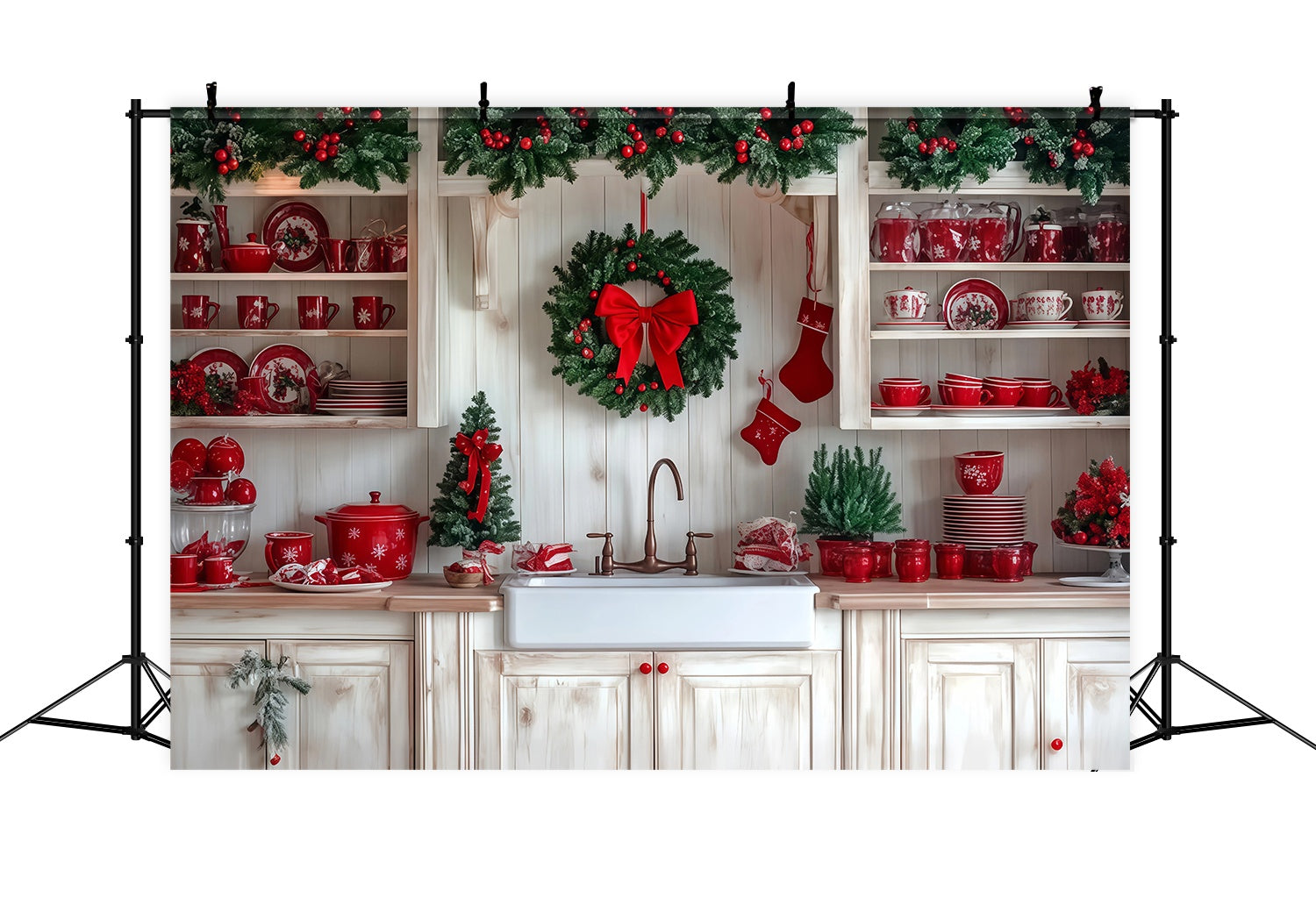 Christmas Kitchen Backdrop Festive Kitchen Wreath Red Tableware Christmas Backdrops for Photography UK TWW58-92