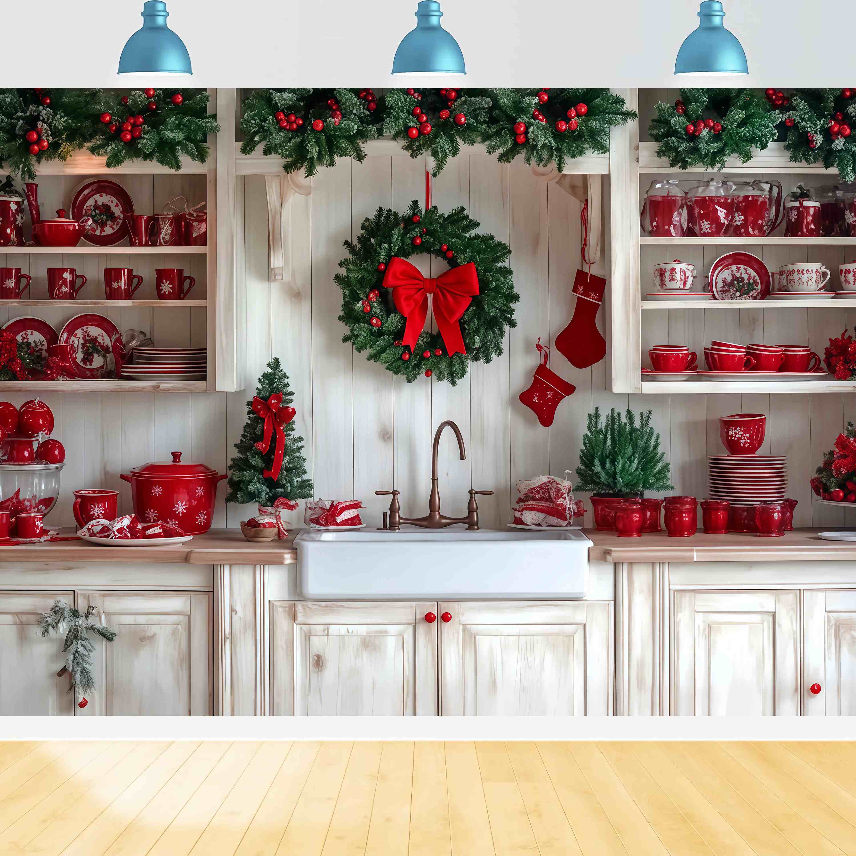 Christmas Kitchen Backdrop Festive Kitchen Wreath Red Tableware Christmas Backdrops for Photography UK TWW58-92