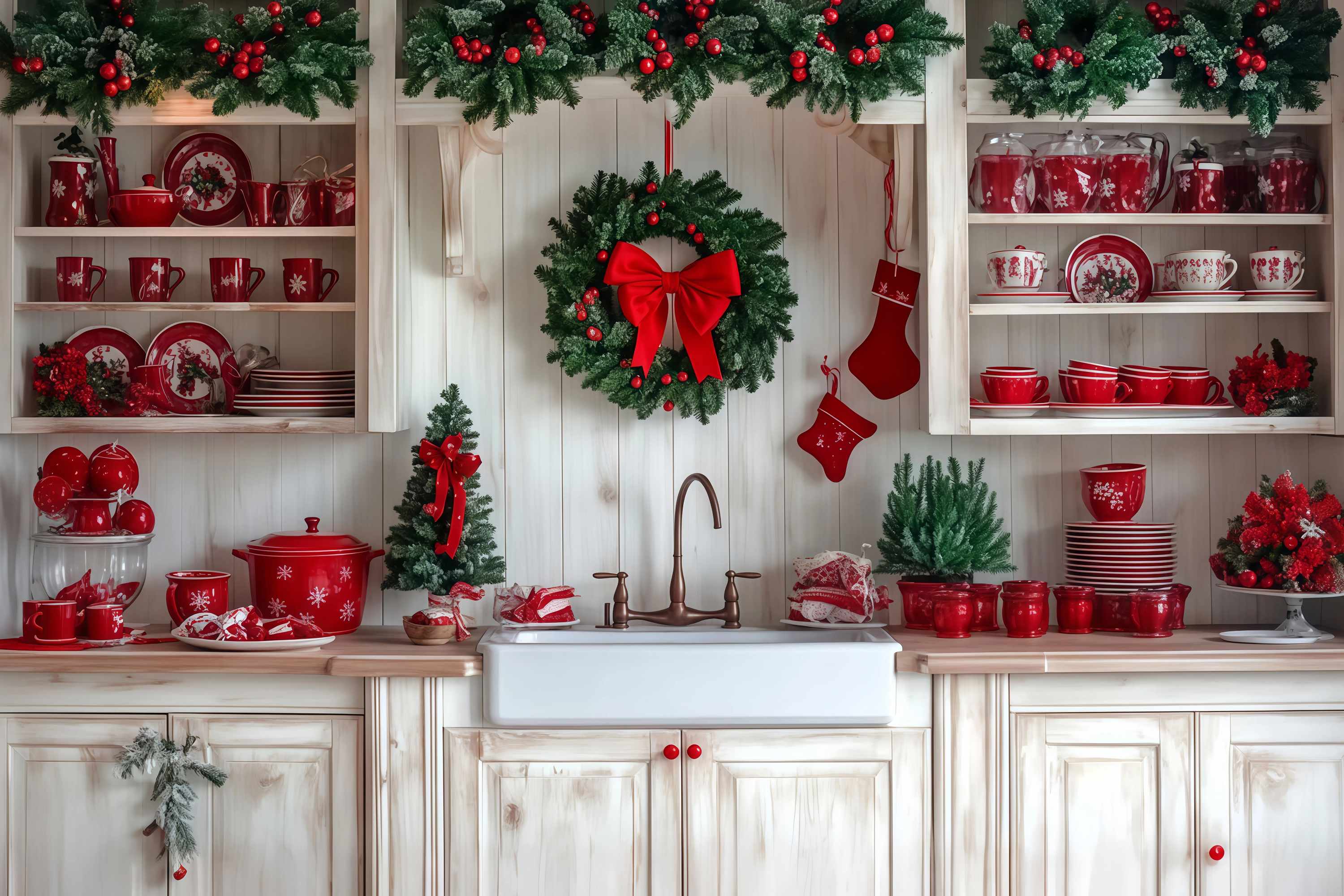 Christmas Kitchen Backdrop Festive Kitchen Wreath Red Tableware Christmas Backdrops for Photography UK TWW58-92
