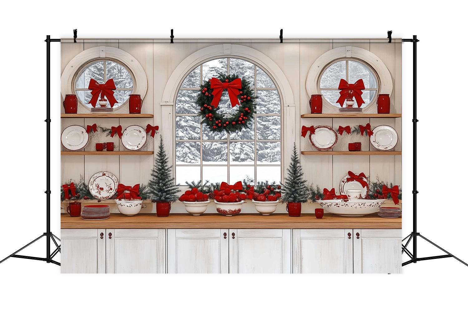 Christmas Kitchen Backdrop Snowy Window Kitchen Red Bow Decor Christmas Backdrops for Photos UK TWW58-93