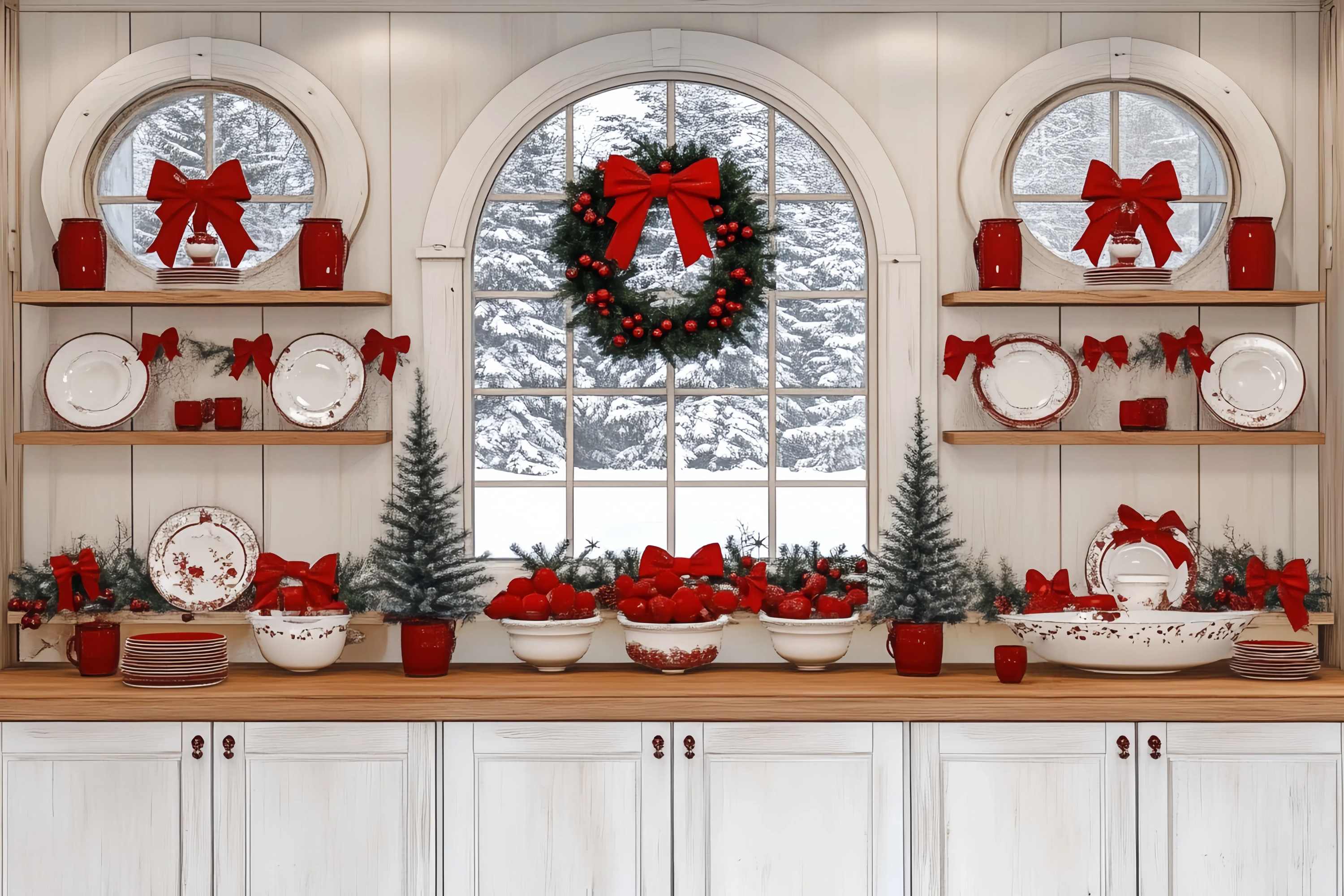 Christmas Kitchen Backdrop Snowy Window Kitchen Red Bow Decor Christmas Backdrops for Photos UK TWW58-93