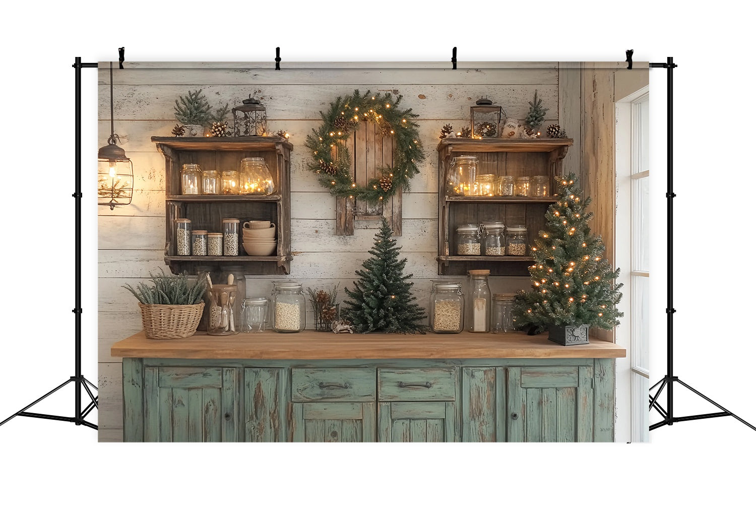 Christmas Kitchen Backdrop Rustic Kitchen Shelves Pine Garland Glow Christmas Photo Backdrops UK TWW58-94