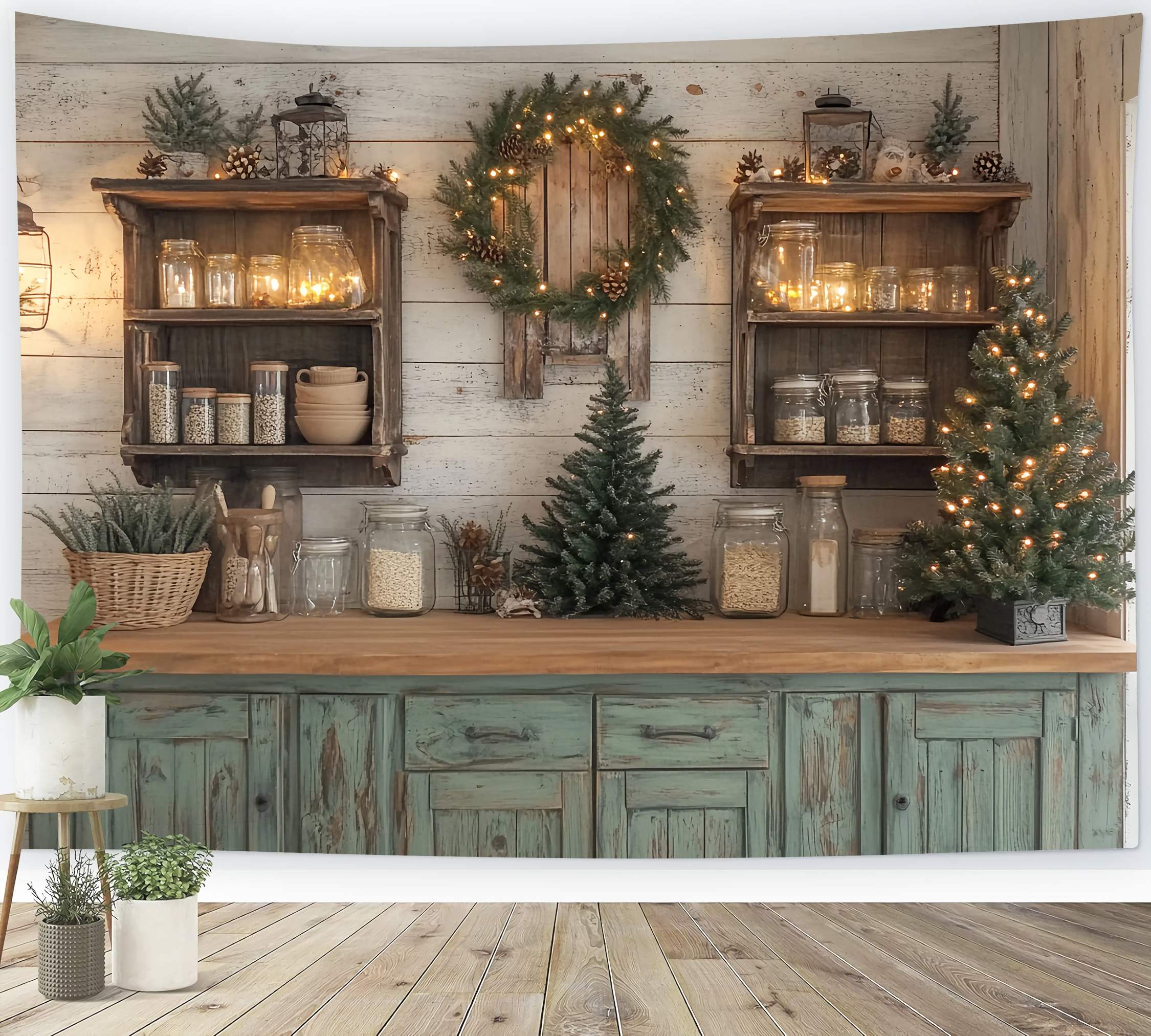 Christmas Kitchen Backdrop Rustic Kitchen Shelves Pine Garland Glow Christmas Photo Backdrops UK TWW58-94