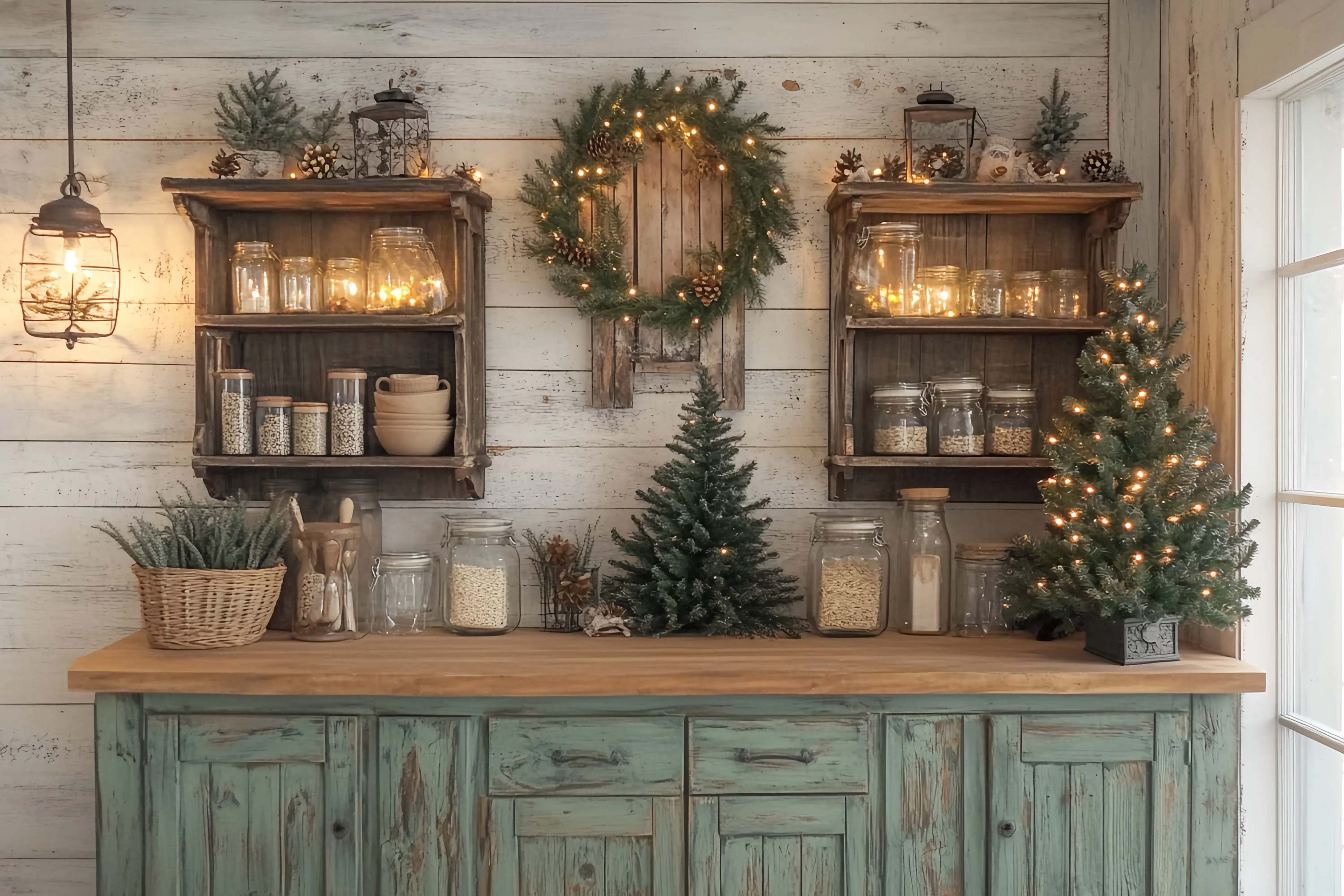 Christmas Kitchen Backdrop Rustic Kitchen Shelves Pine Garland Glow Christmas Photo Backdrops UK TWW58-94