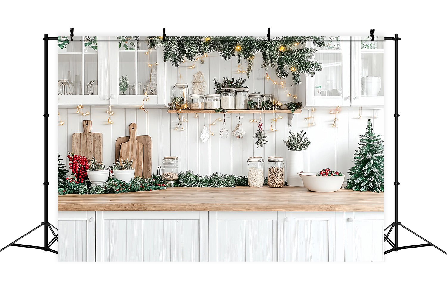Christmas Kitchen Backdrop White Kitchen Counter Evergreen Garland Glow Christmas Backdrops for Photos UK TWW58-95