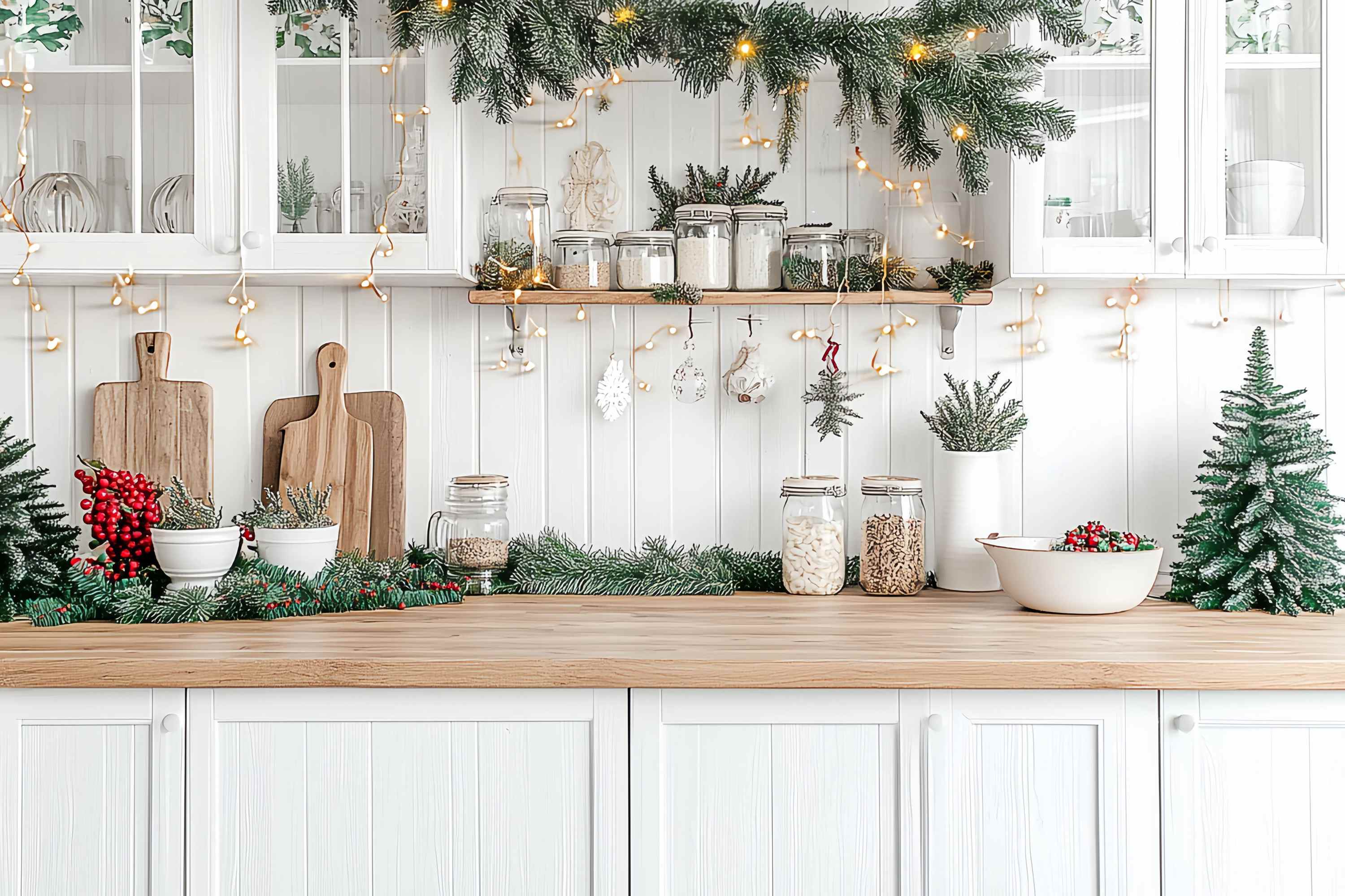 Christmas Kitchen Backdrop White Kitchen Counter Evergreen Garland Glow Christmas Backdrops for Photos UK TWW58-95