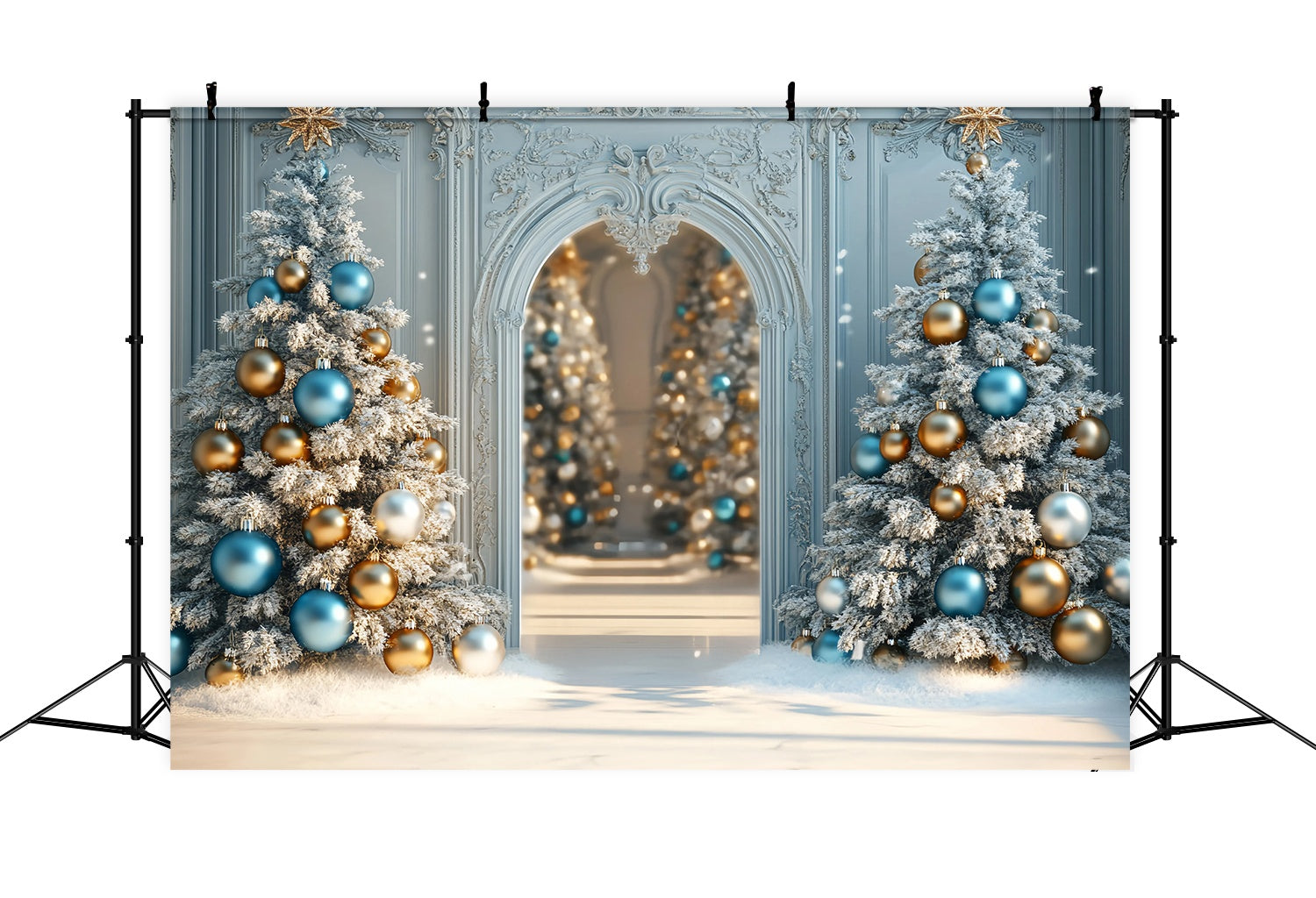 Christmas Tree Backdrop Frosted Blue Gold Ornament Trees Christmas Backdrops 10x10 UK TWW58-96
