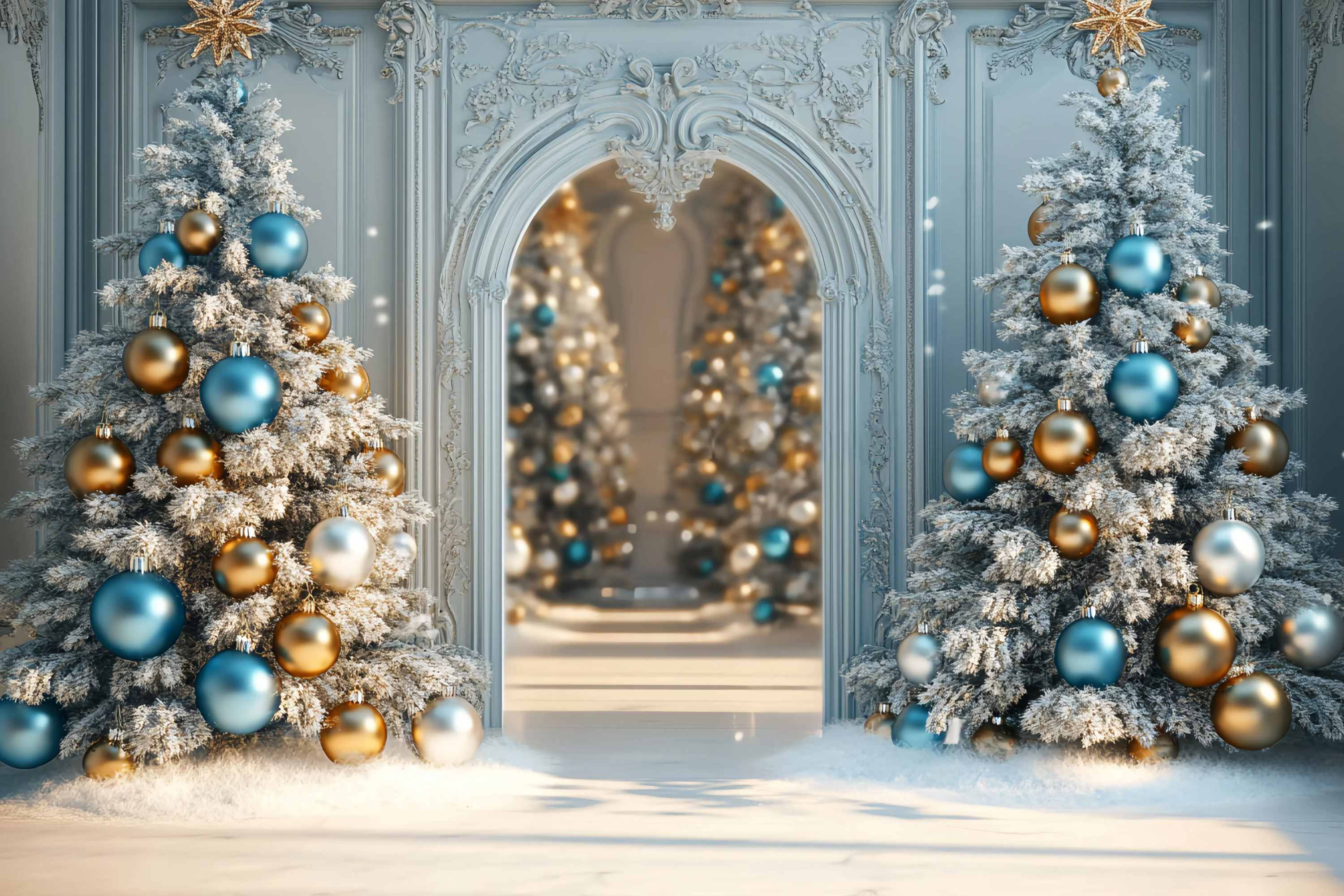 Christmas Tree Backdrop Frosted Blue Gold Ornament Trees Christmas Backdrops 10x10 UK TWW58-96