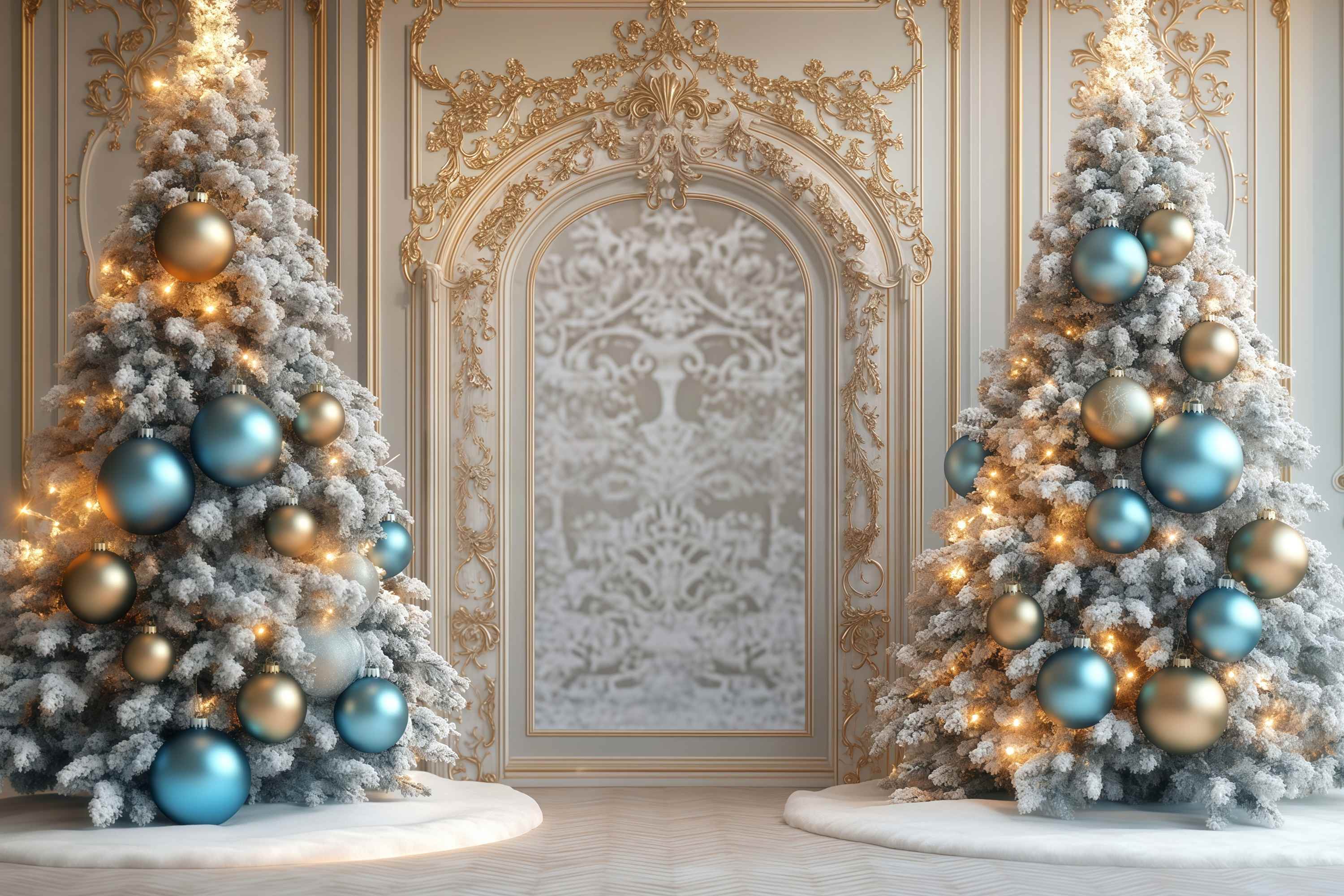 Christmas Tree Backdrop Golden Trim Frosted Trees Archway Christmas Backdrops for Photography UK TWW58-97