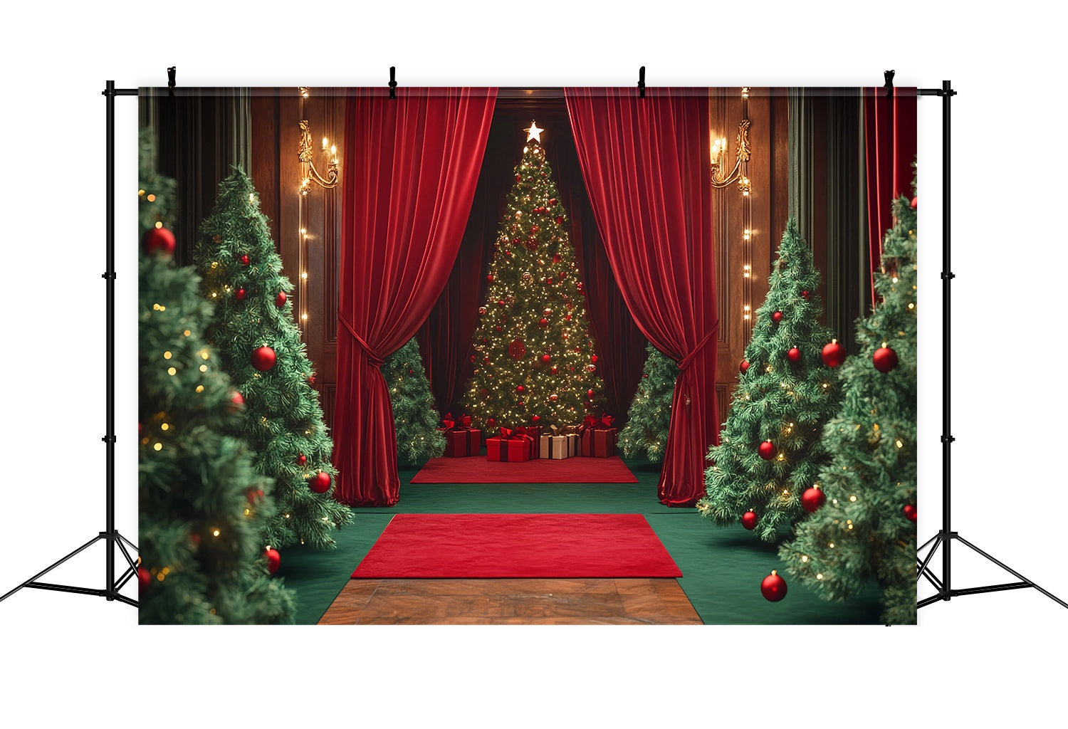 Christmas Tree Backdrop Velvet Curtain Red Ornament Trees Professional Christmas Backdrops UK TWW58-98
