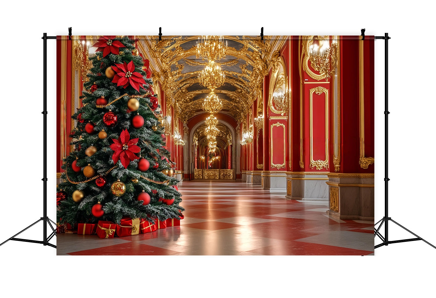 Red Christmas Backdrop Opulent Red Gold Grand Hall Tree Christmas Photo Backdrops UK TWW58-99