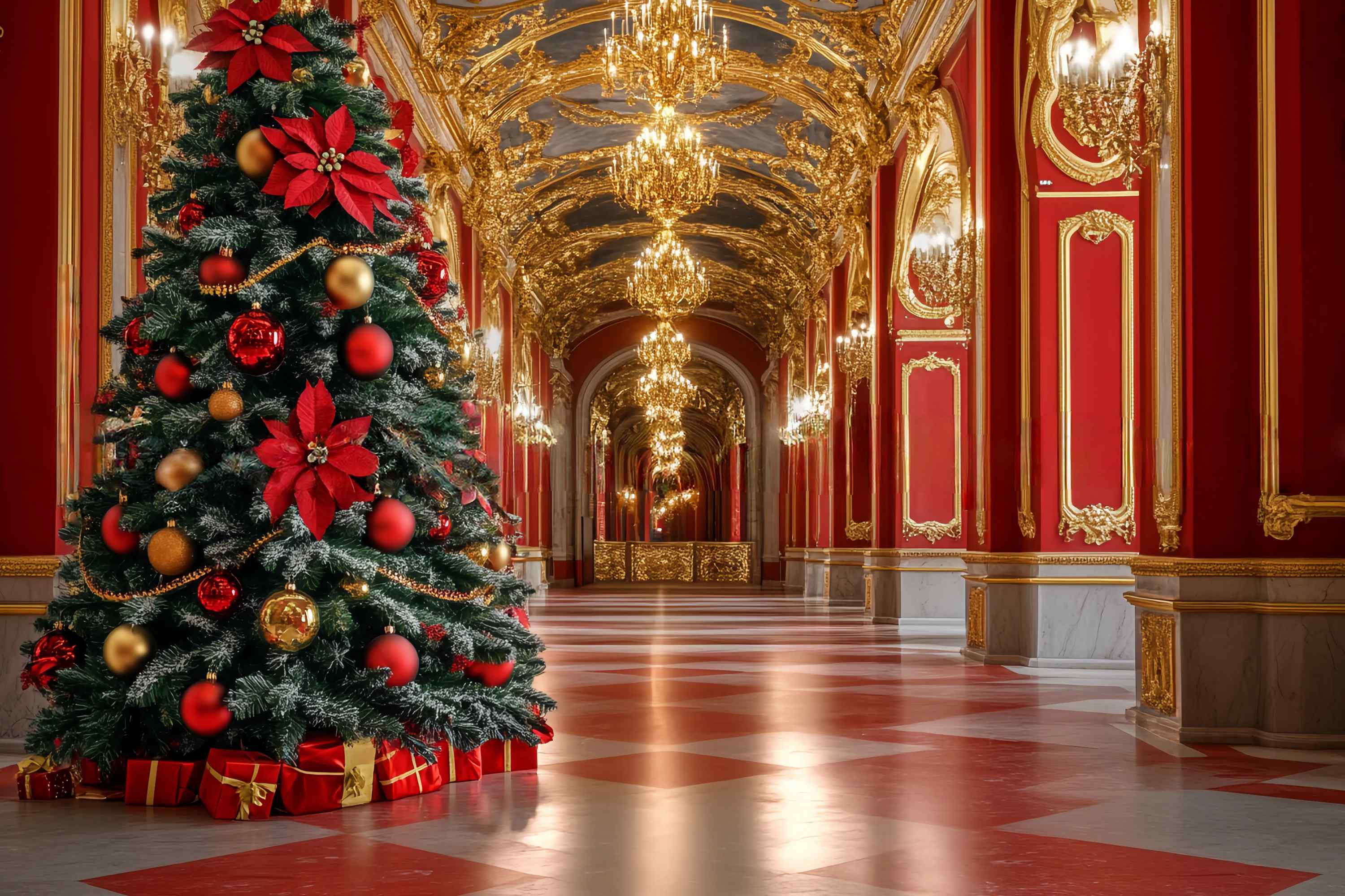 Red Christmas Backdrop Opulent Red Gold Grand Hall Tree Christmas Photo Backdrops UK TWW58-99