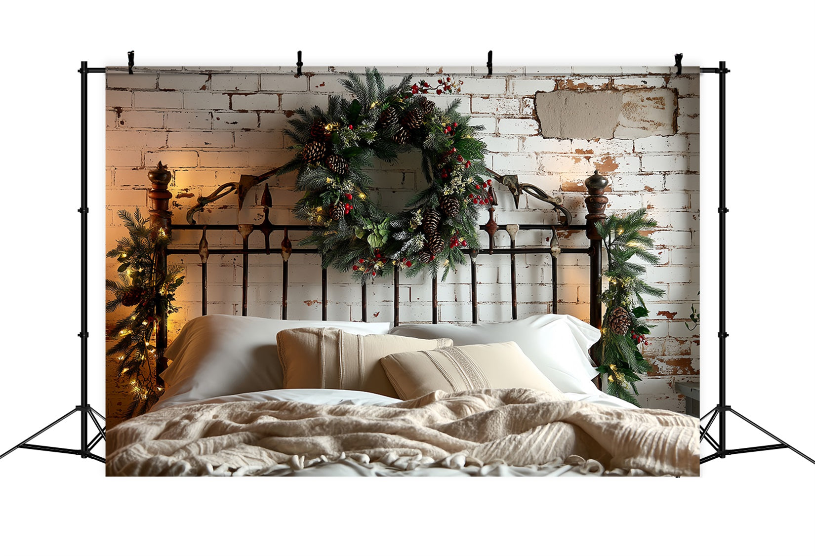 Headboard Backdrop Brick Wall Pinecone Wreath Christmas Photo Backdrop UK TWW59-102