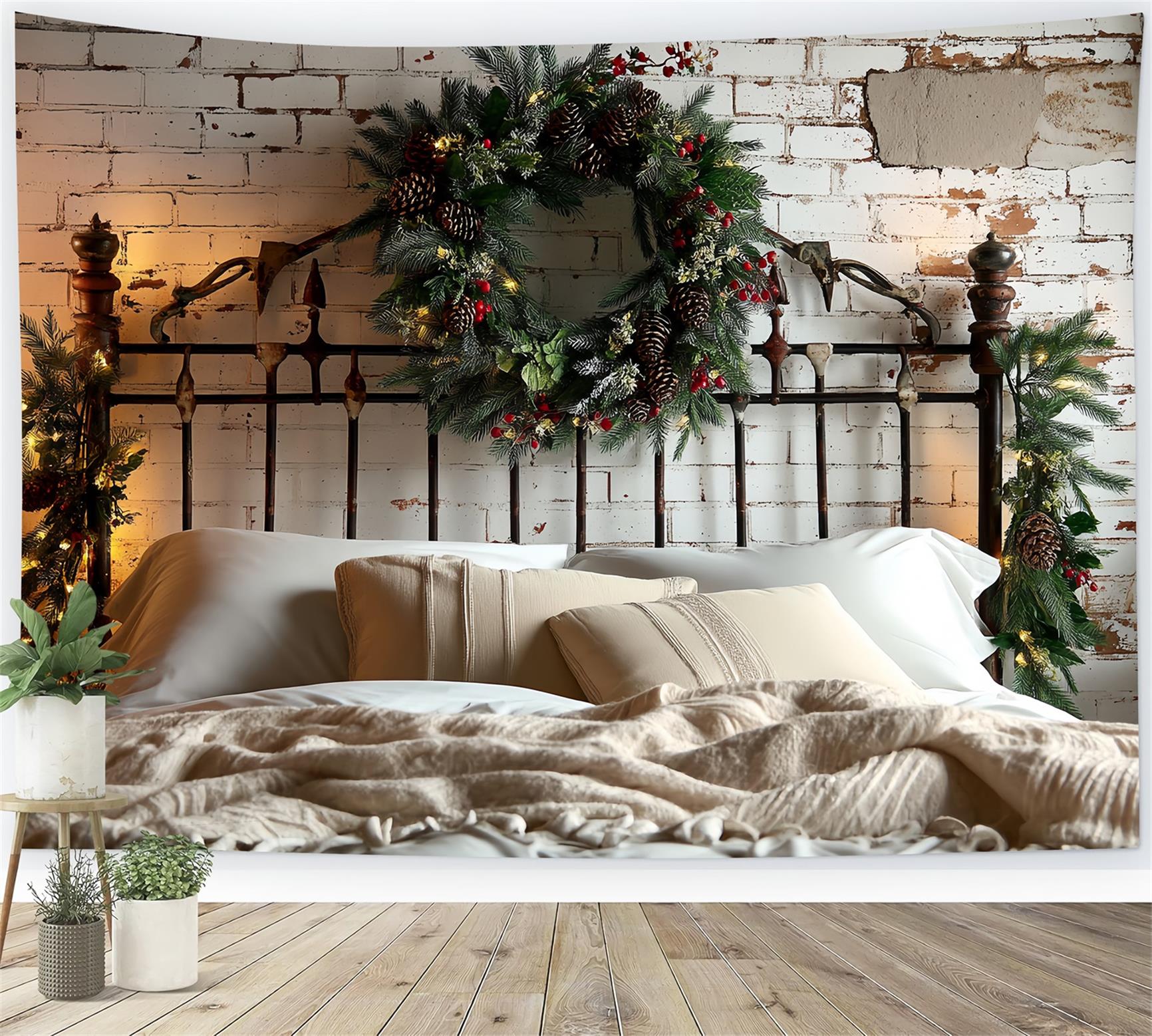 Headboard Backdrop Brick Wall Pinecone Wreath Christmas Photo Backdrop UK TWW59-102