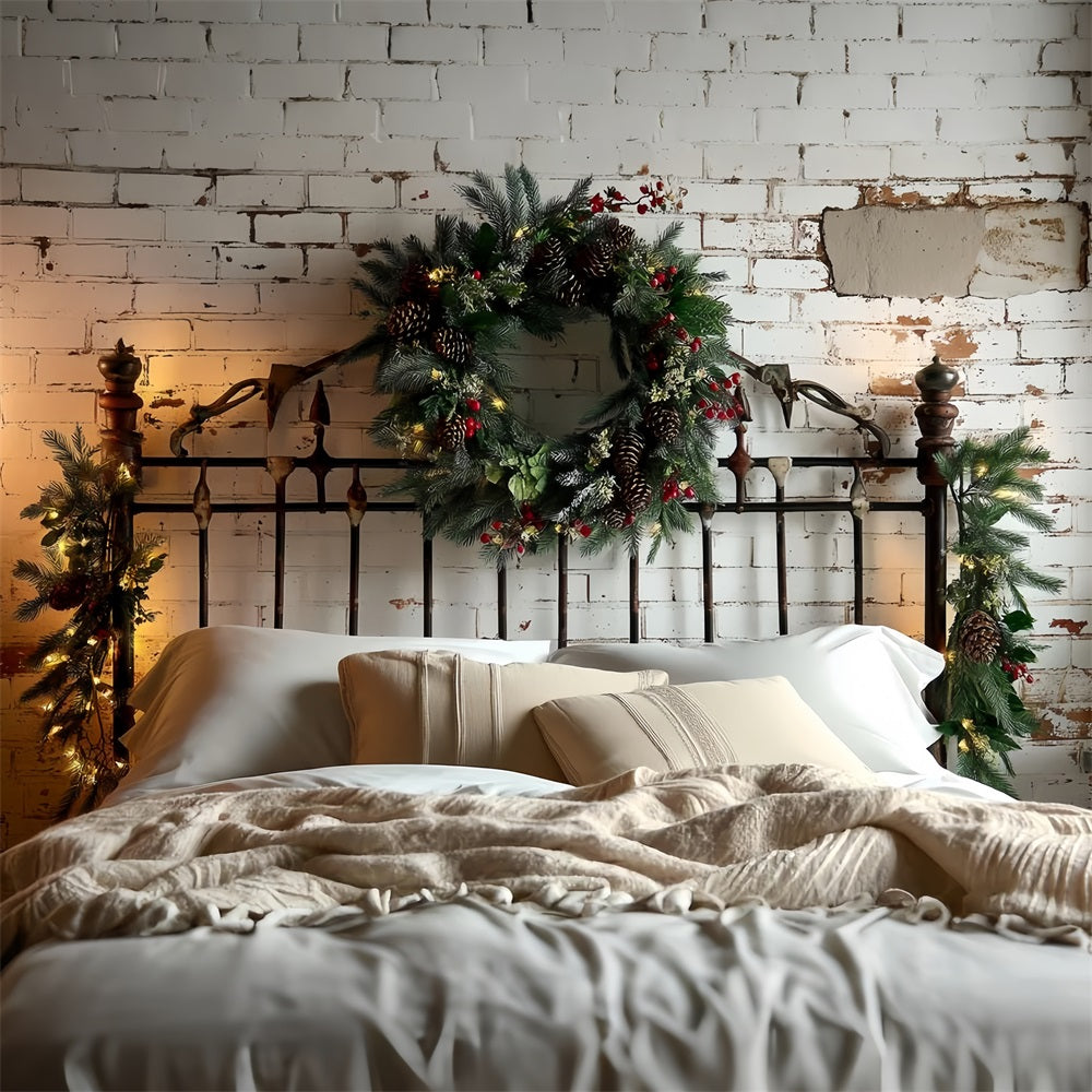 Headboard Backdrop Brick Wall Pinecone Wreath Christmas Photo Backdrop UK TWW59-102
