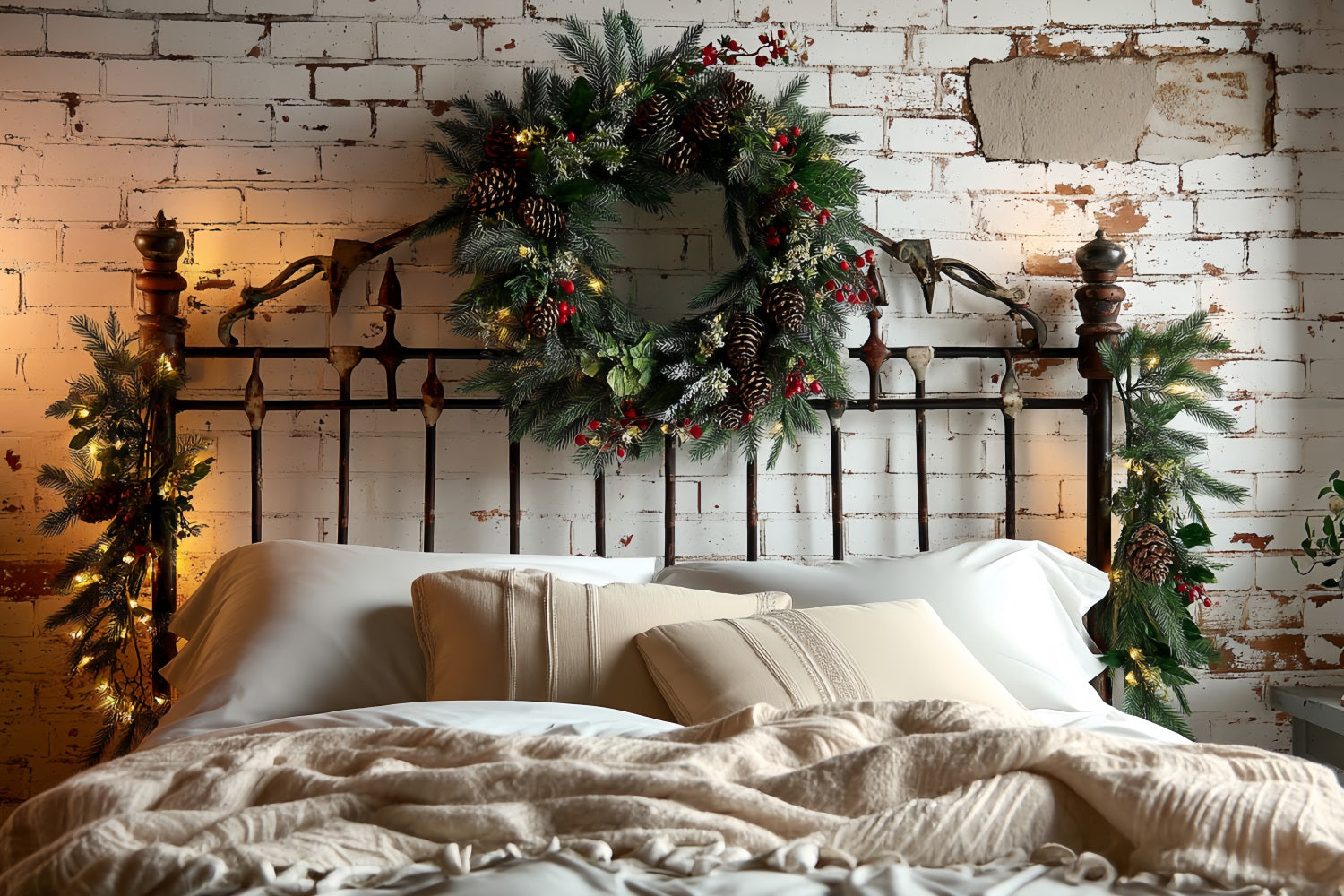 Headboard Backdrop Brick Wall Pinecone Wreath Christmas Photo Backdrop UK TWW59-102