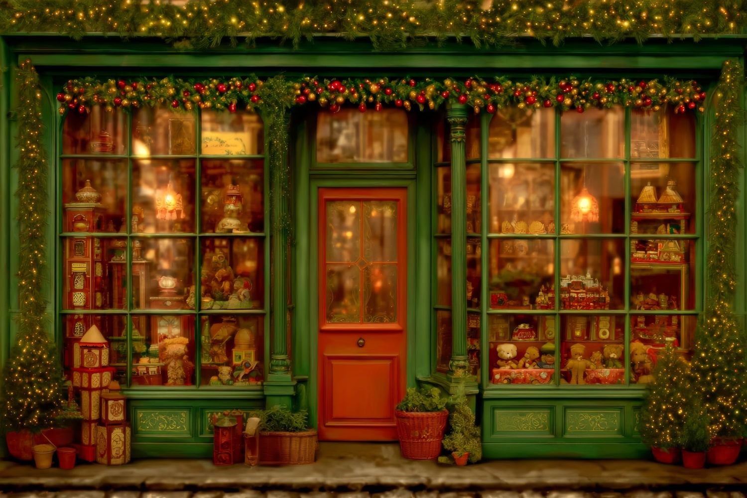 Toy Store Backdrop Vintage Green Window Toy Shop Christmas Backdrops UK TWW59-106