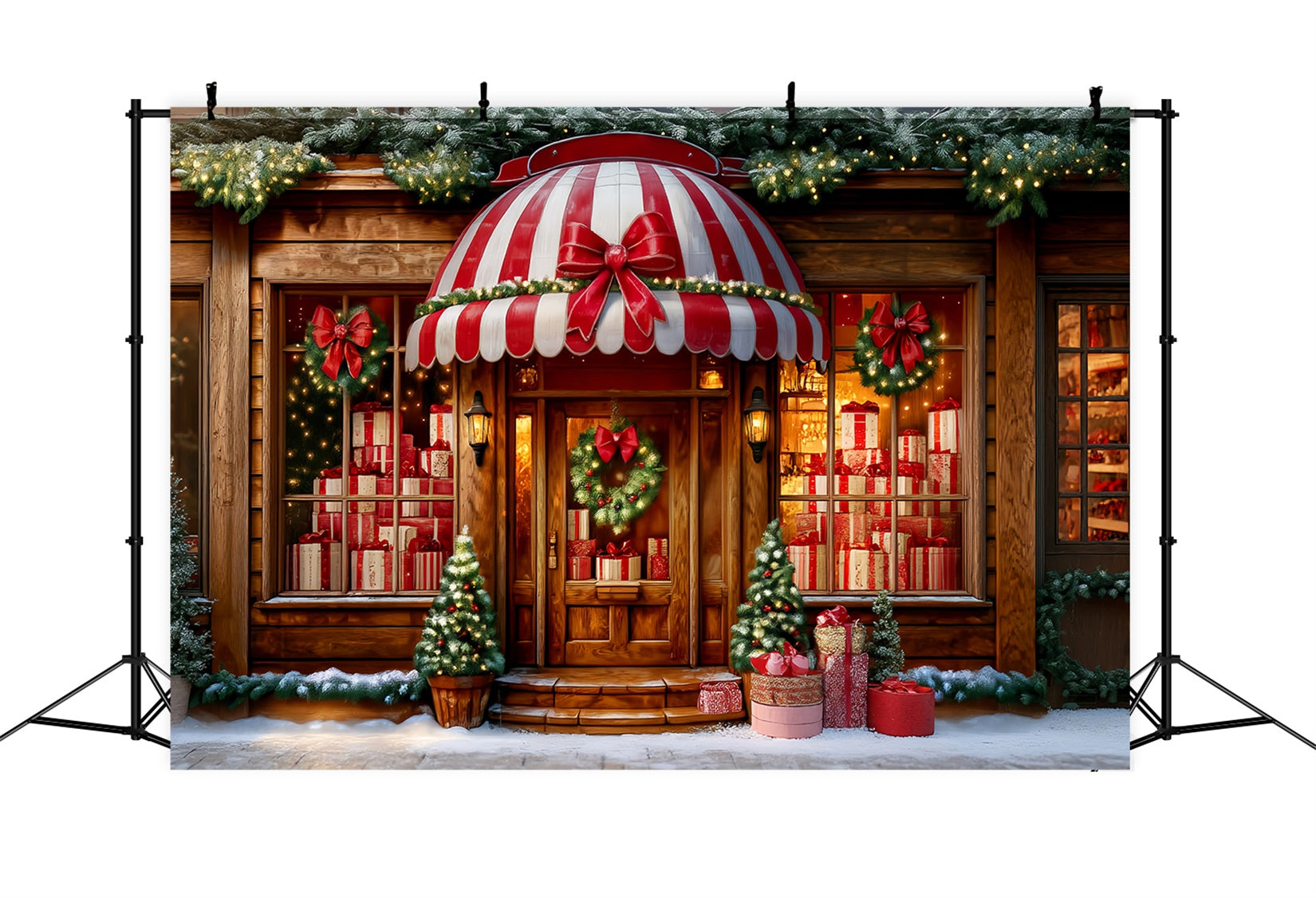 Toy Store Backdrop Striped Awning Gift Shopfront Christmas Backdrop Ideas UK TWW59-108