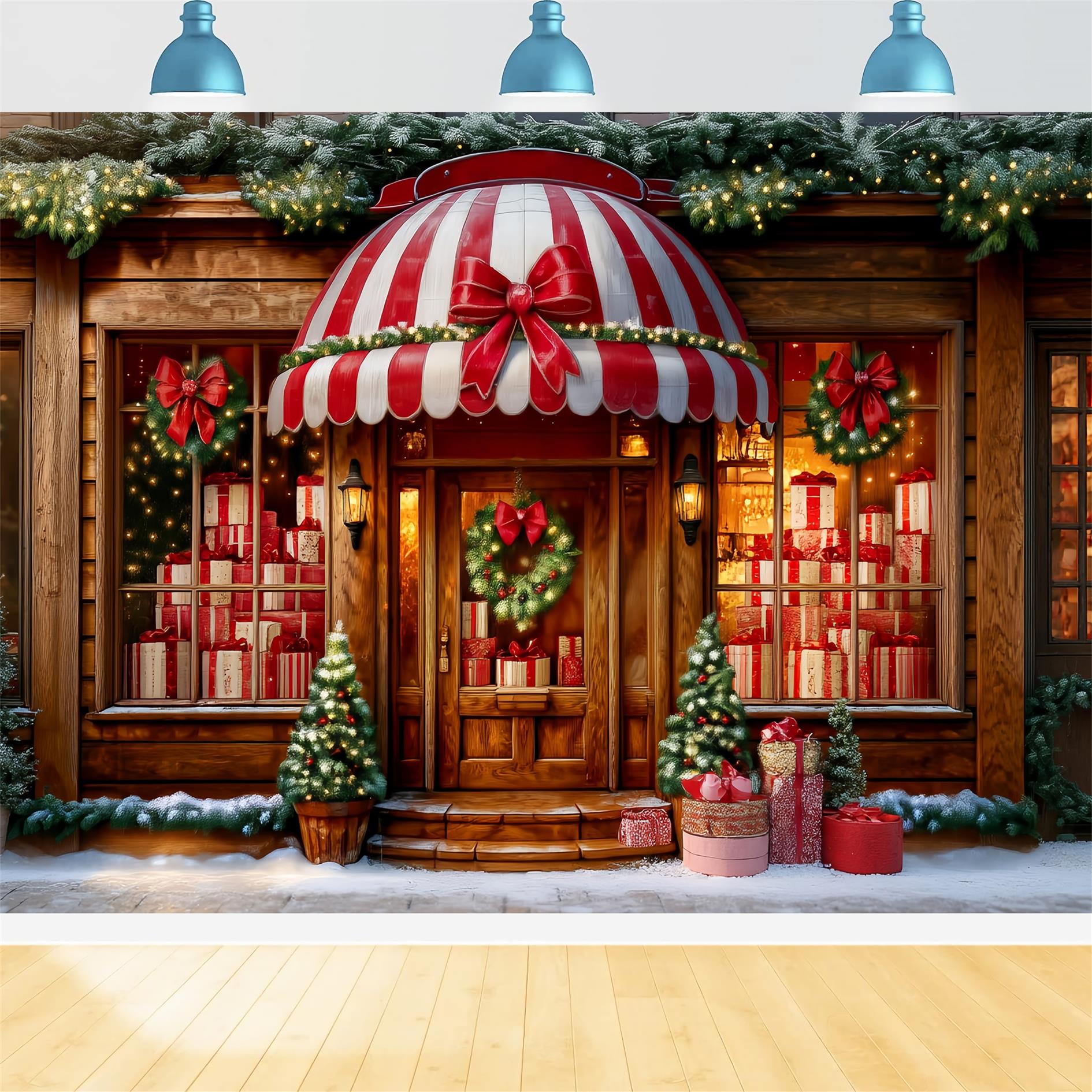 Toy Store Backdrop Striped Awning Gift Shopfront Christmas Backdrop Ideas UK TWW59-108