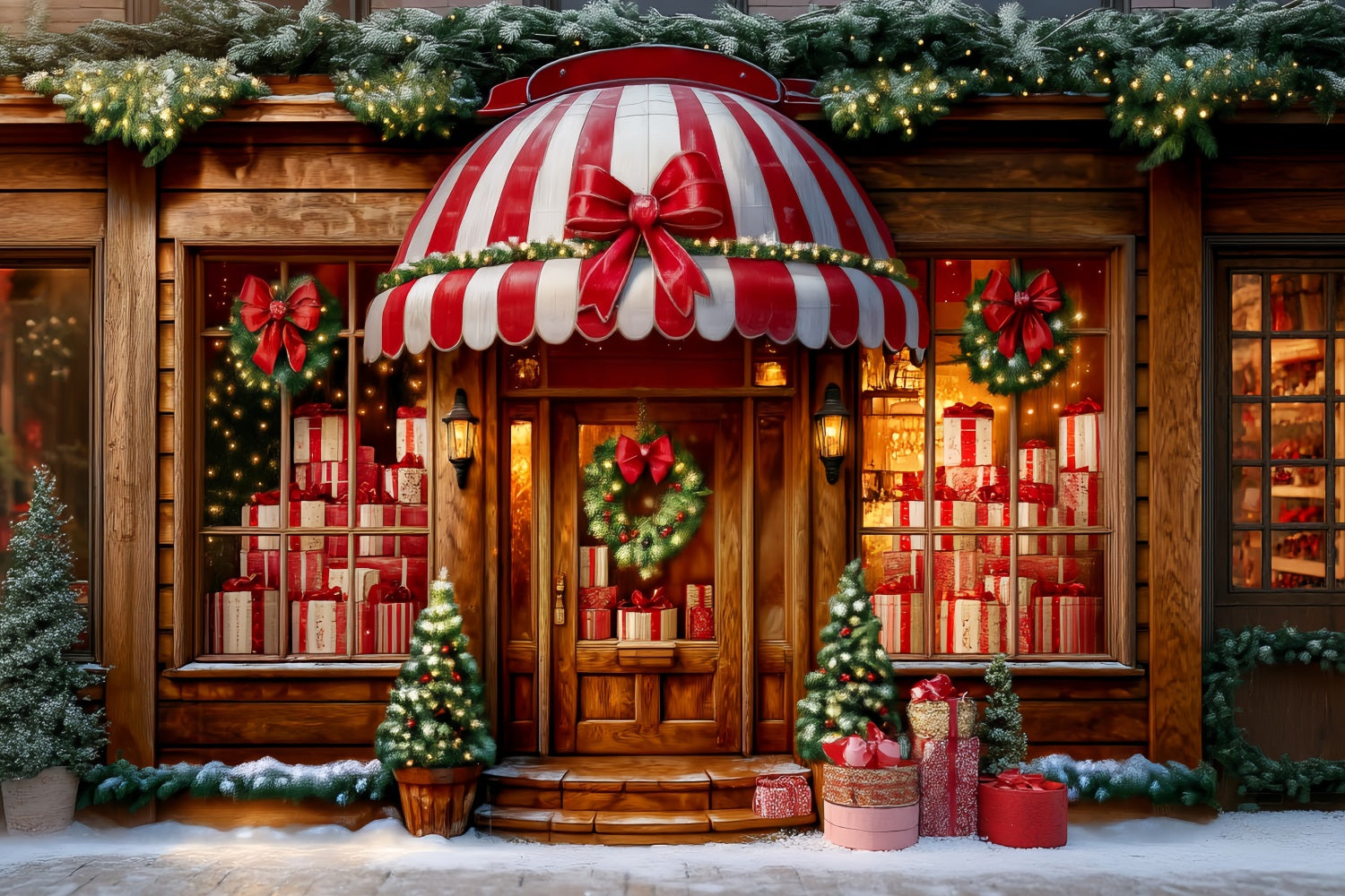 Toy Store Backdrop Striped Awning Gift Shopfront Christmas Backdrop Ideas UK TWW59-108