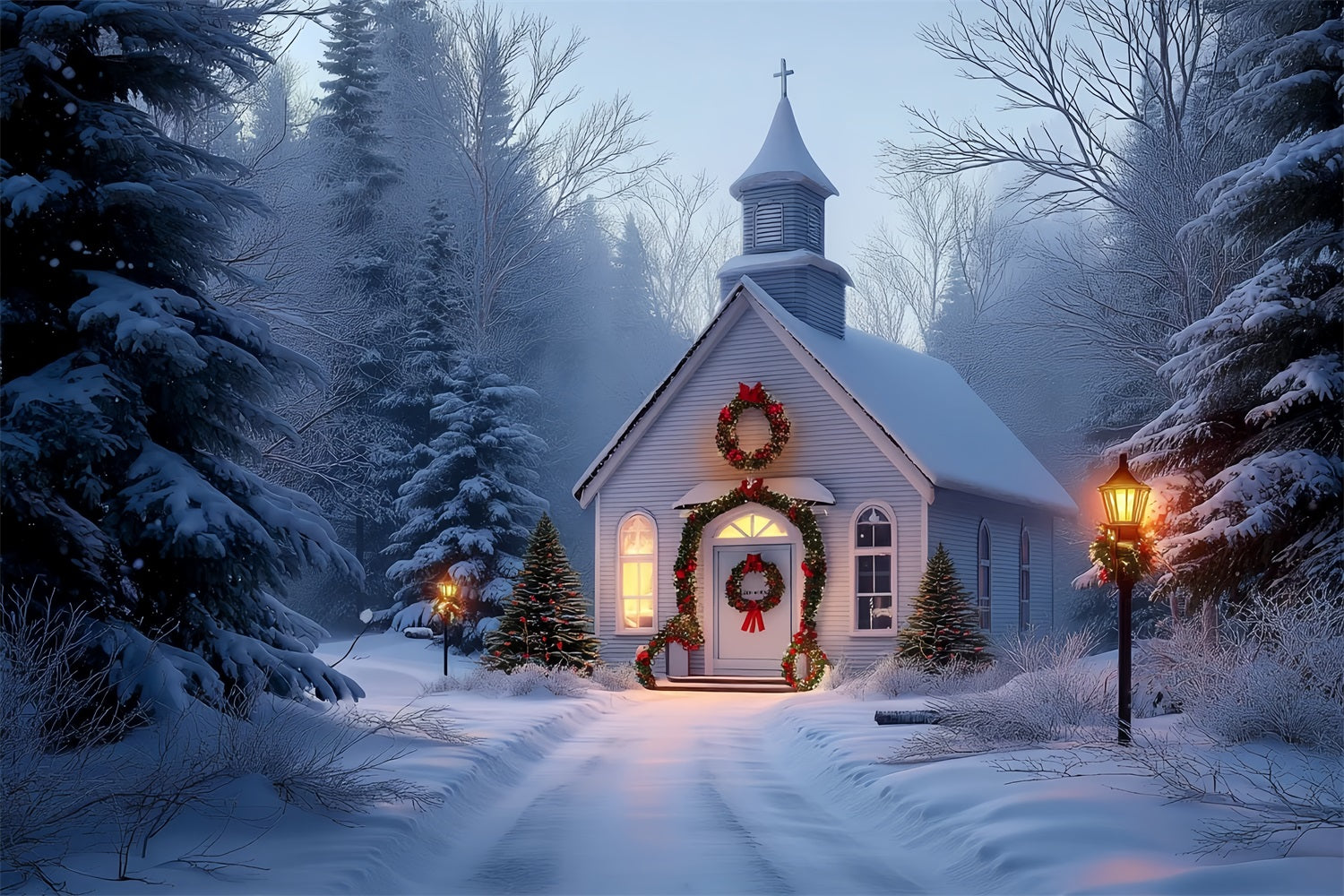 Church Backdrop Frosty Chapel Holiday Glow Christmas Backdrop Photography UK TWW59-113