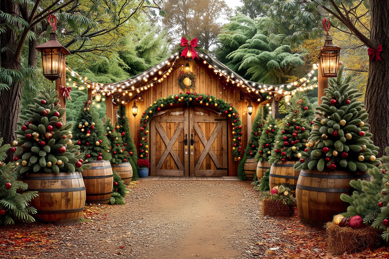 Christmas Farm Backdrop Rustic Barn Entrance Christmas Backdrop UK TWW59-117