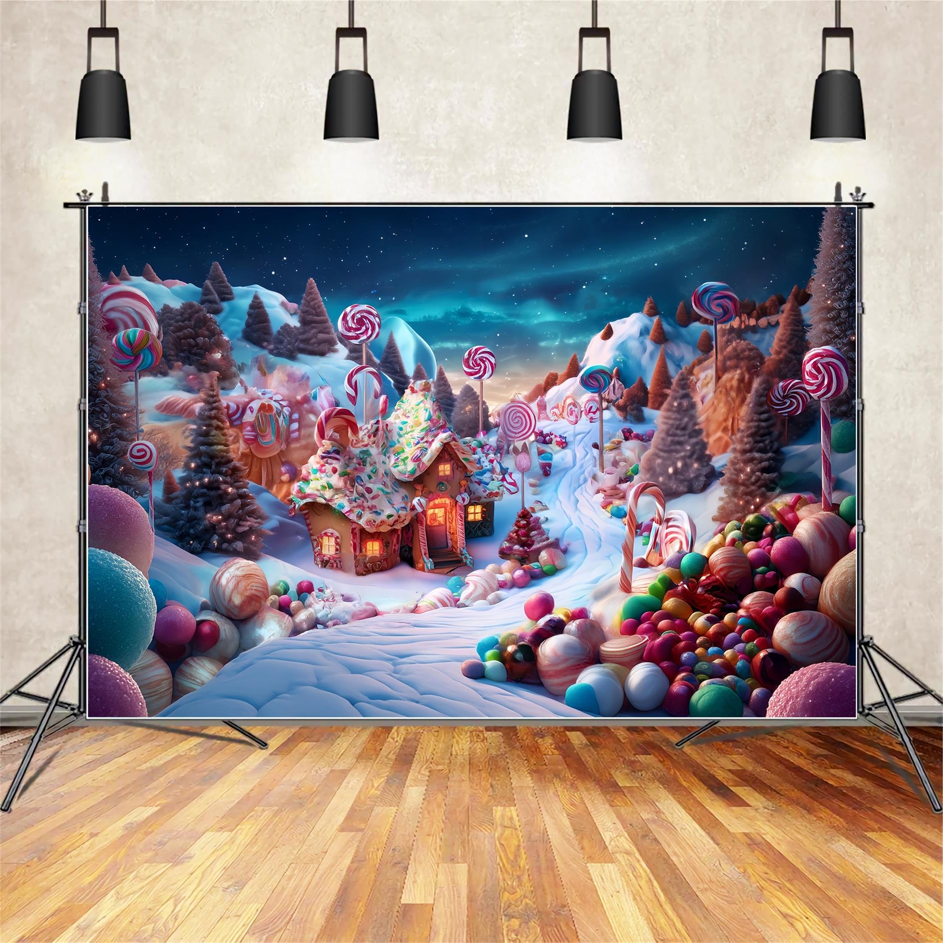 Candyland Backdrop Candy Wonderland Gingerbread Cottage Christmas Photo Backdrop UK TWW59-119
